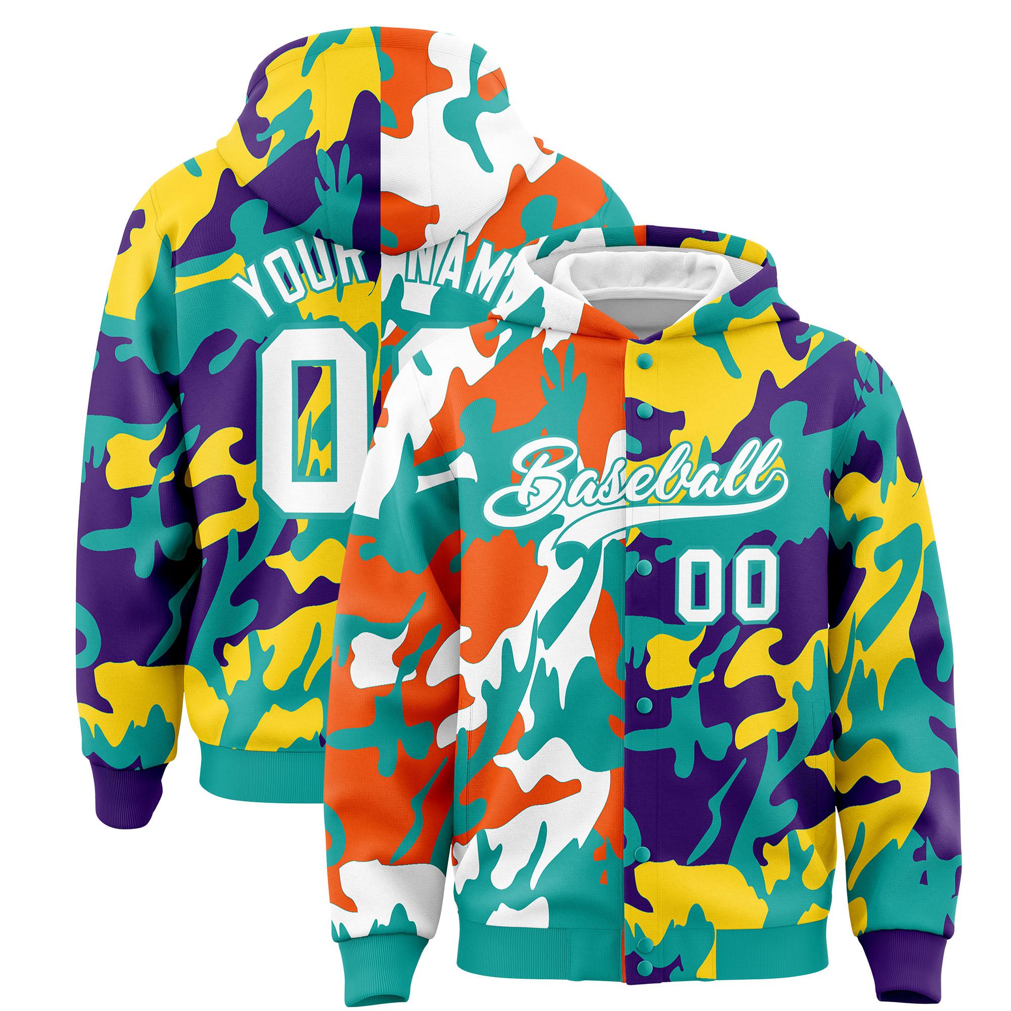 Custom Aqua Purple Full-Snap Varsity Two Tone Personalized Letterman Camo Jacket Hoodie| KXKSHOP