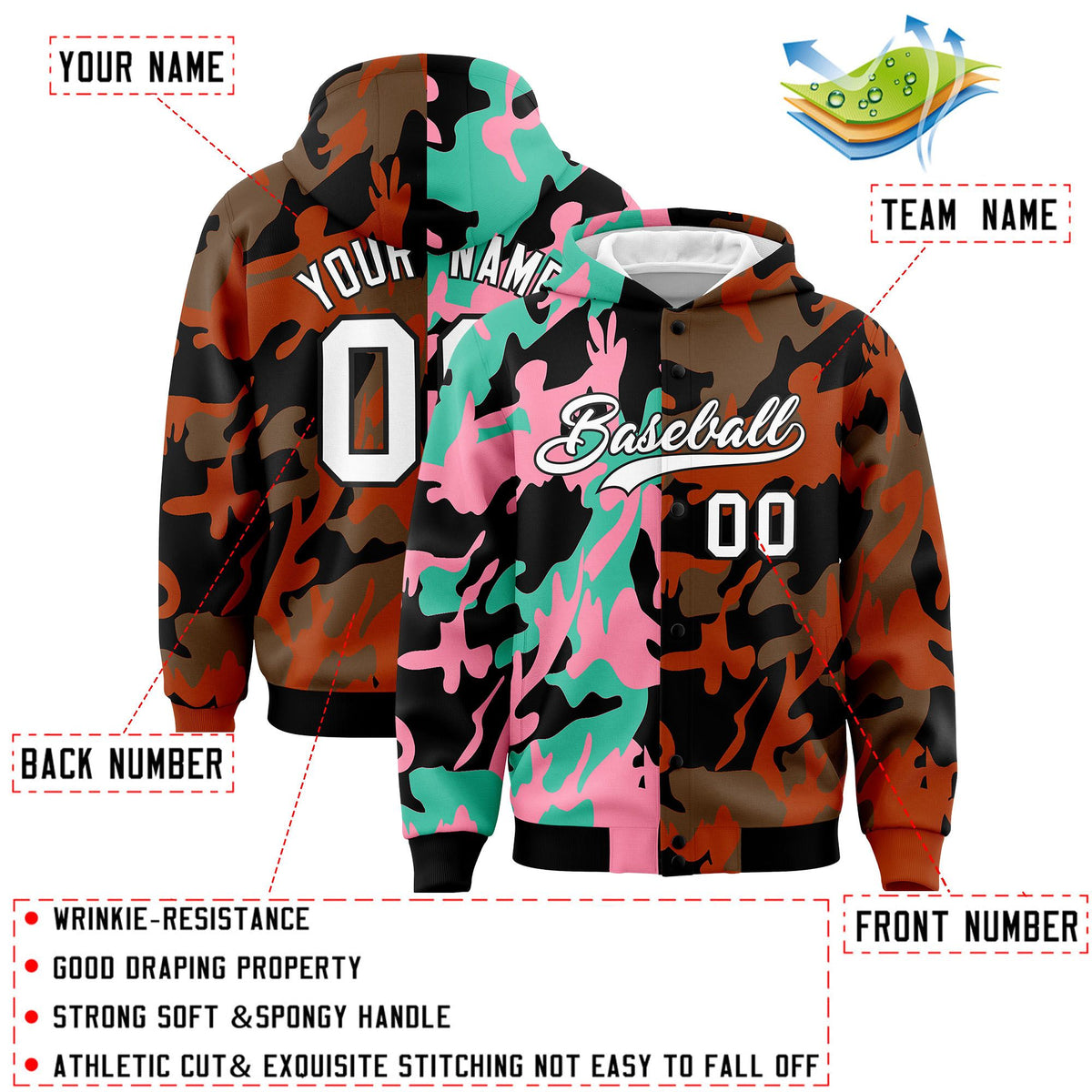 Custom Black Texas Orange Full-Snap Varsity Two Tone Personalized Letterman Camo Jacket Hoodie| KXKSHOP