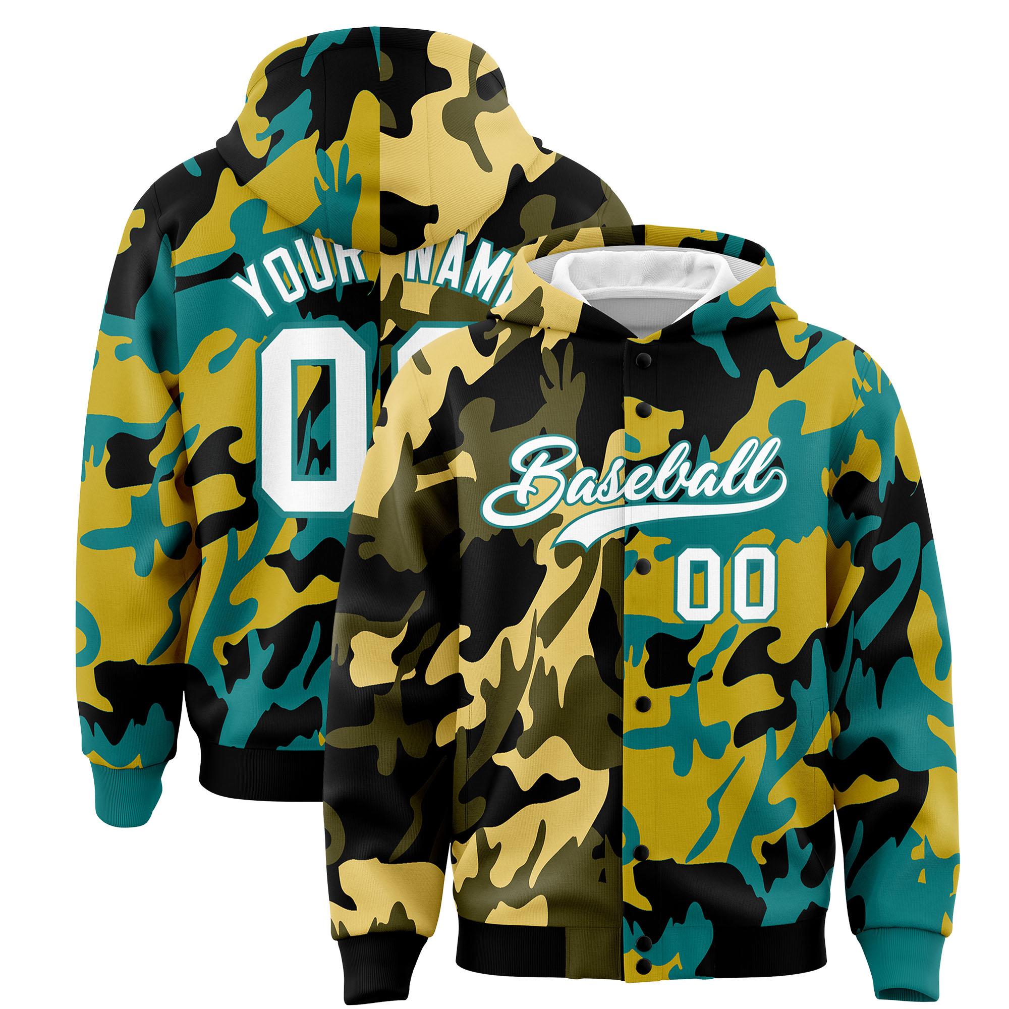 Custom Black Aqua Full-Snap Varsity Two Tone Personalized Letterman Camo Jacket Hoodie| KXKSHOP