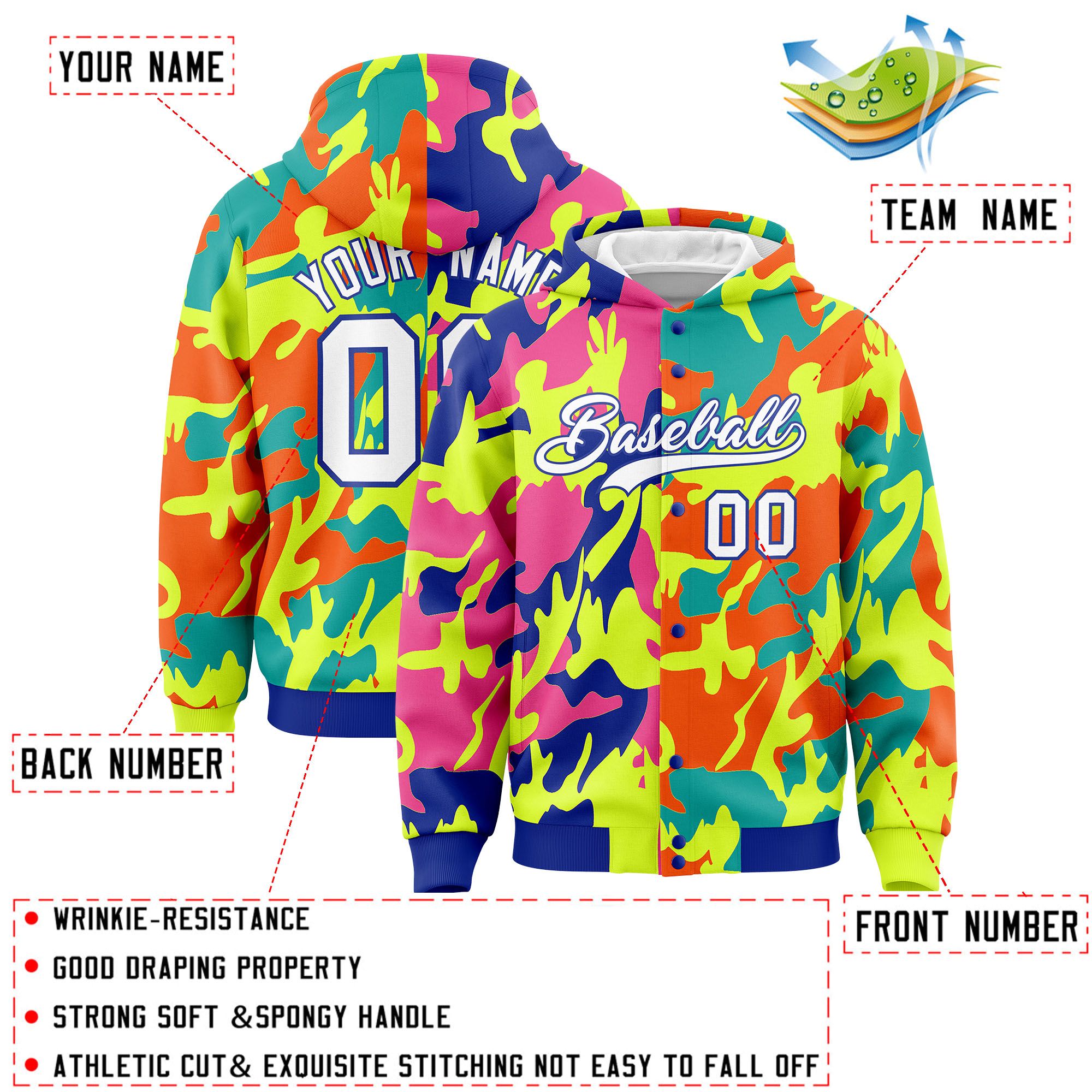 Custom Royal Green Full-Snap Varsity Two Tone Personalized Letterman Camo Jacket Hoodie| KXKSHOP