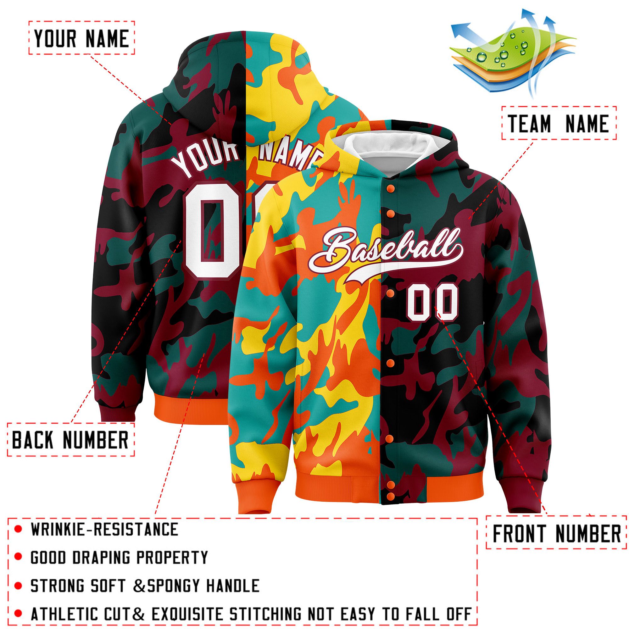 Custom Orange Crimson Full-Snap Varsity Two Tone Personalized Letterman Camo Jacket Hoodie| KXKSHOP