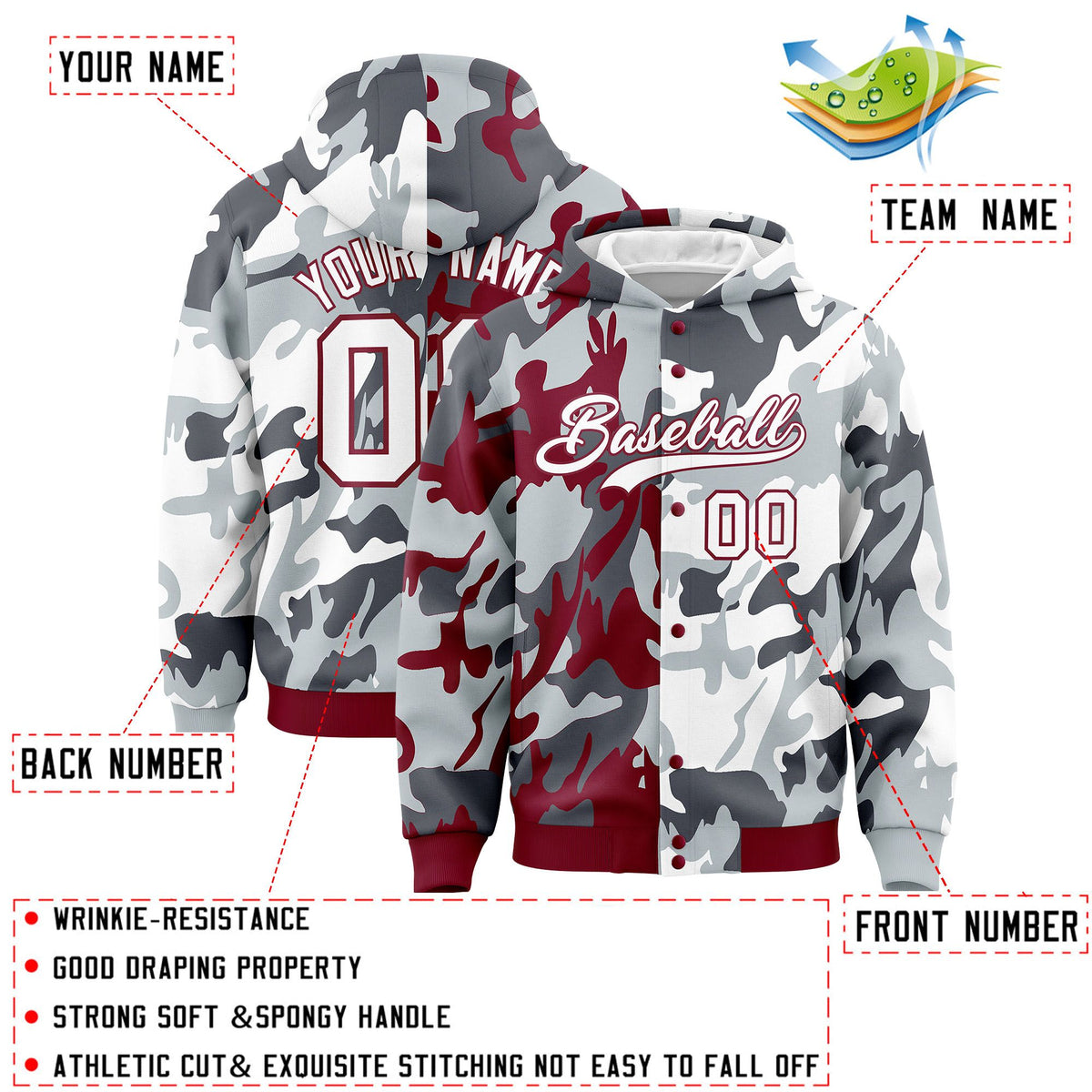 Custom Crimson Silver Full-Snap Varsity Two Tone Personalized Letterman Camo Jacket Hoodie| KXKSHOP