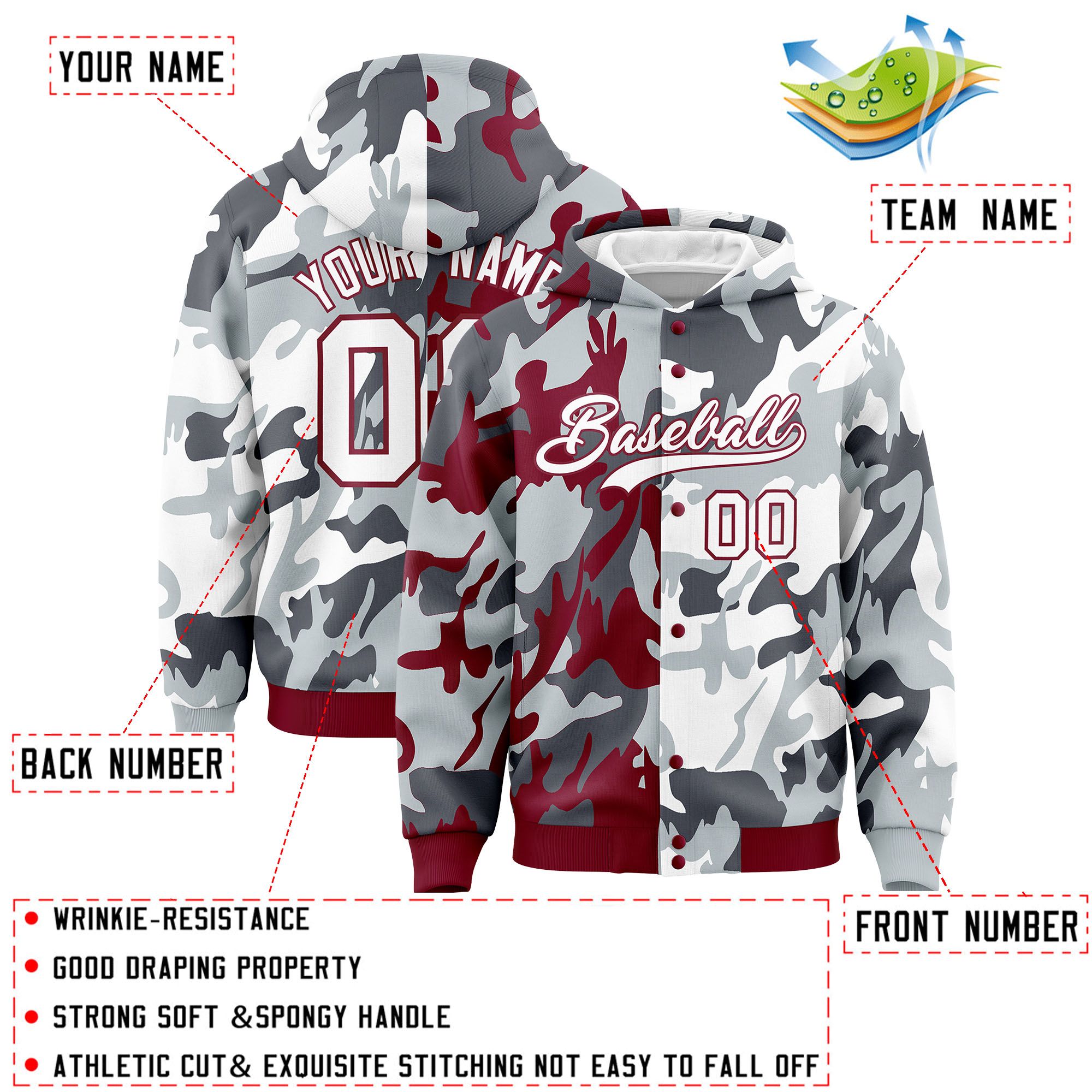 Custom Crimson Silver Full-Snap Varsity Two Tone Personalized Letterman Camo Jacket Hoodie| KXKSHOP