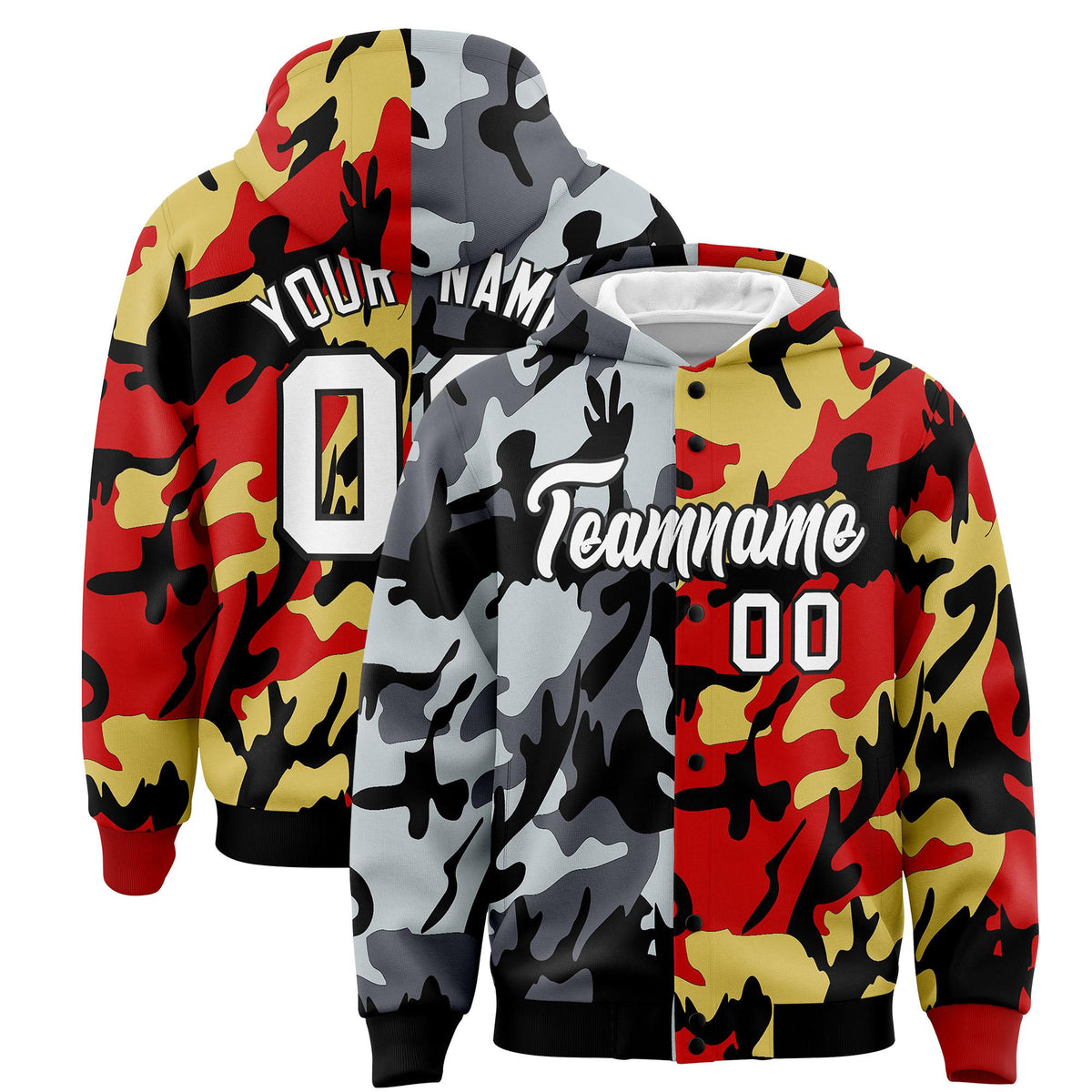 Custom Black Red Full-Snap Varsity Two Tone Personalized Letterman Camo Jacket Hoodie| KXKSHOP