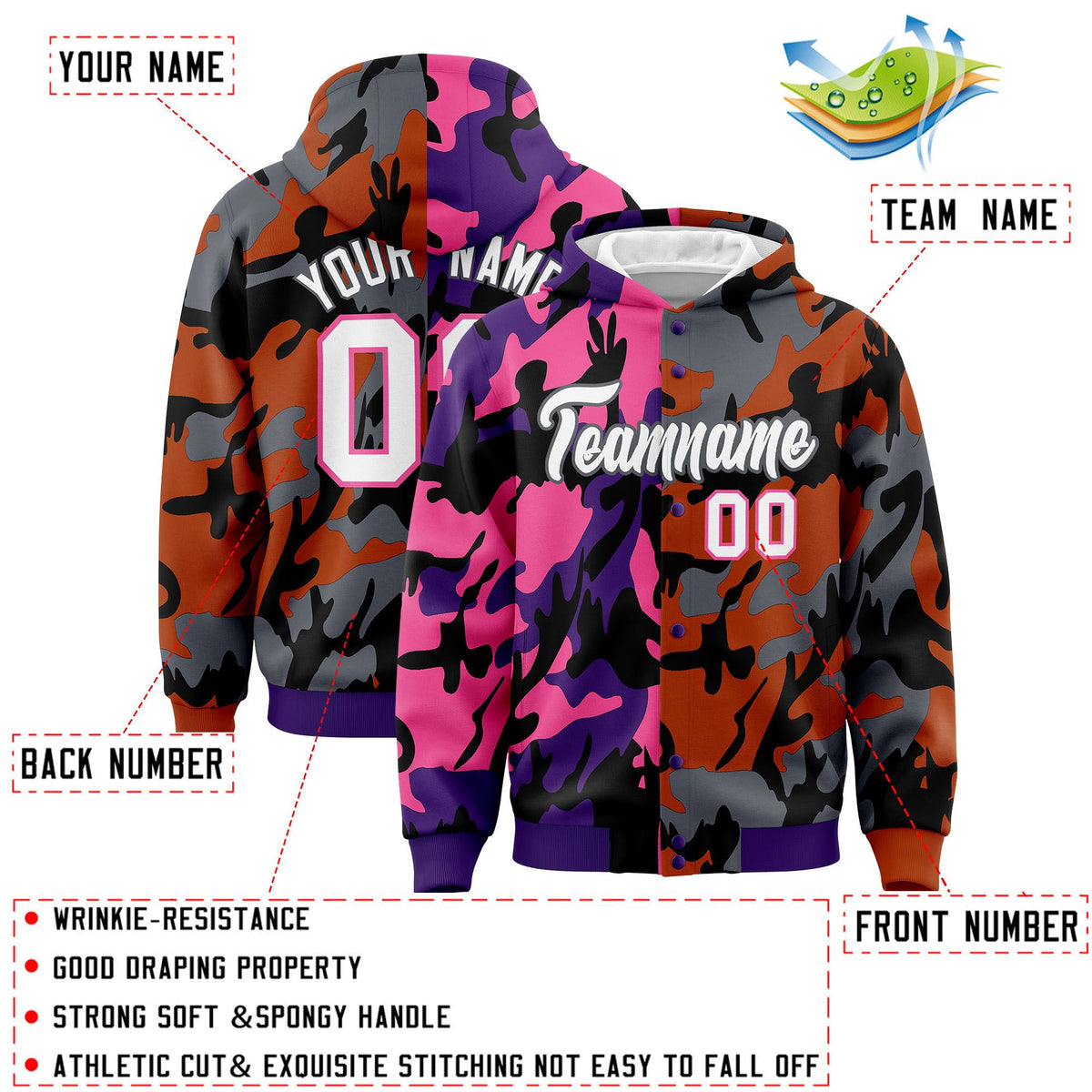 Custom Purple Texas Orange Full-Snap Varsity Two Tone Personalized Letterman Camo Jacket Hoodie| KXKSHOP