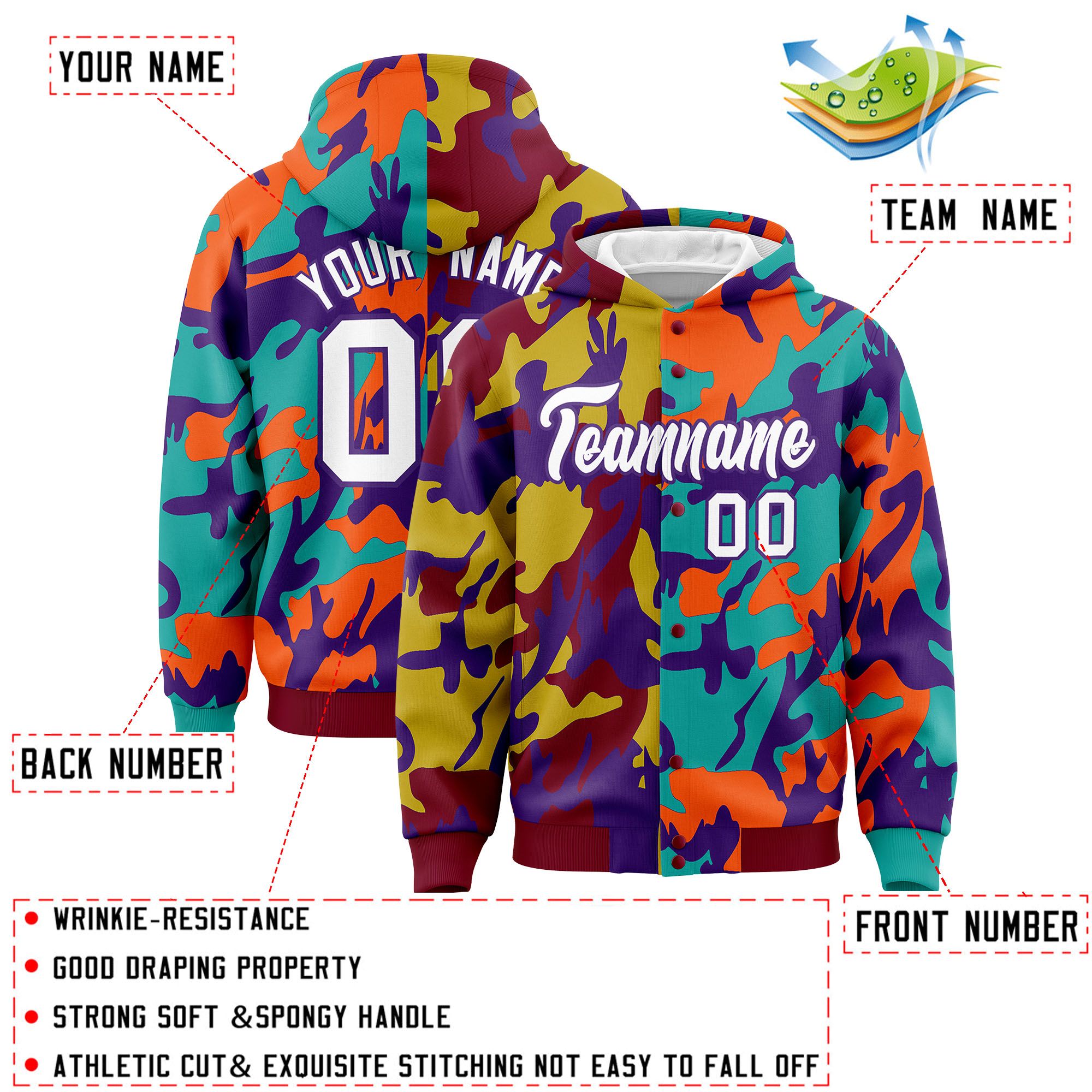 Custom Crimson Aqua Full-Snap Varsity Two Tone Personalized Letterman Camo Jacket Hoodie| KXKSHOP