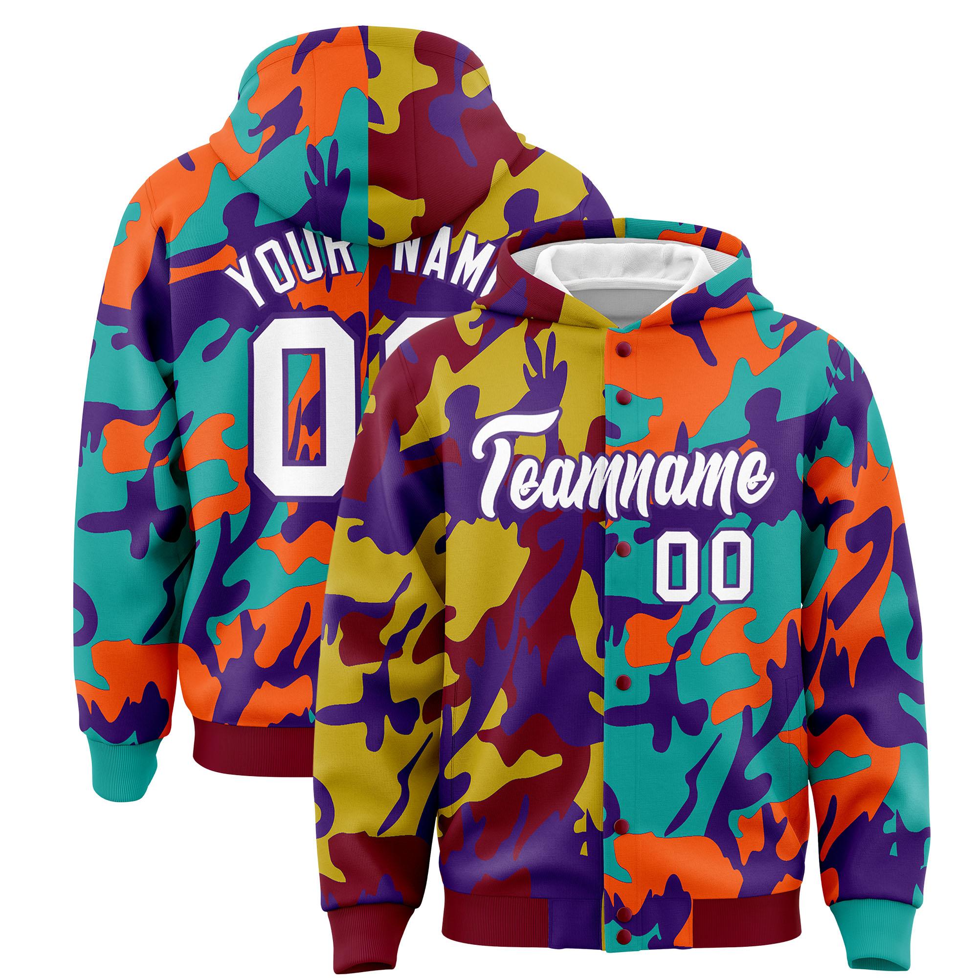 Custom Crimson Aqua Full-Snap Varsity Two Tone Personalized Letterman Camo Jacket Hoodie| KXKSHOP