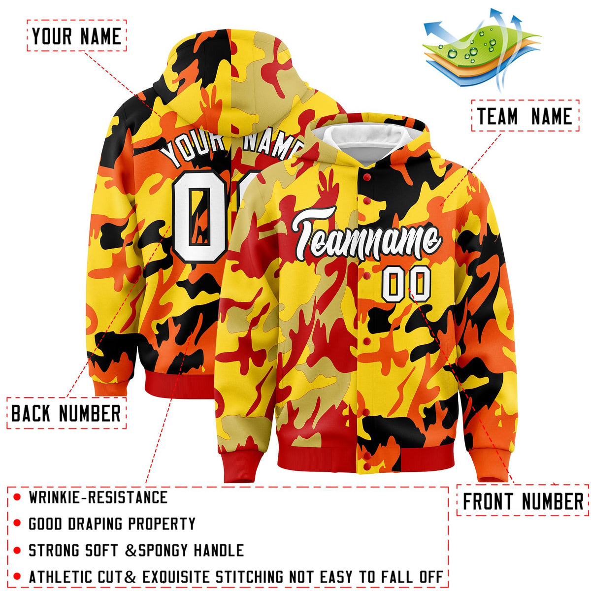 Custom Red Orange Full-Snap Varsity Two Tone Personalized Letterman Camo Jacket Hoodie| KXKSHOP