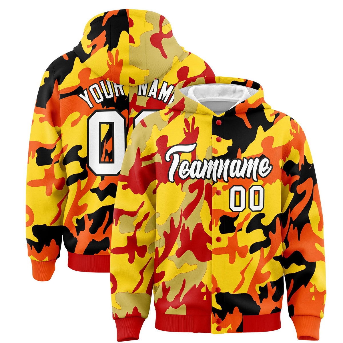 Custom Red Orange Full-Snap Varsity Two Tone Personalized Letterman Camo Jacket Hoodie| KXKSHOP