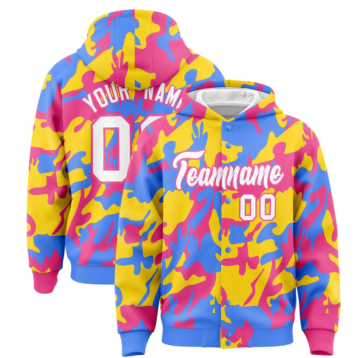 Custom Powder Blue Pink Full-Snap Varsity Two Tone Personalized Letterman Camo Jacket Hoodie| KXKSHOP