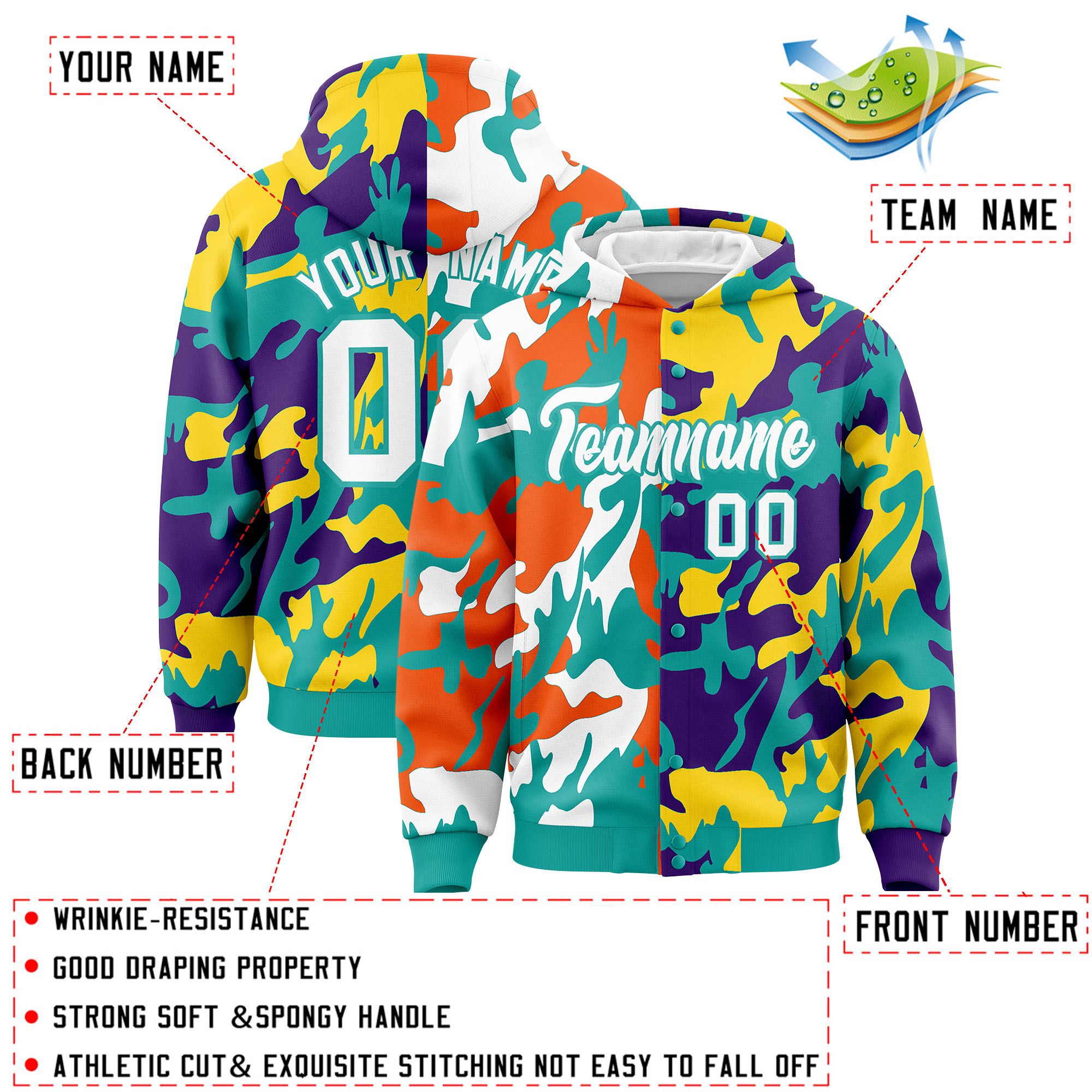 Custom Aqua Purple Full-Snap Varsity Two Tone Personalized Letterman Camo Jacket Hoodie| KXKSHOP