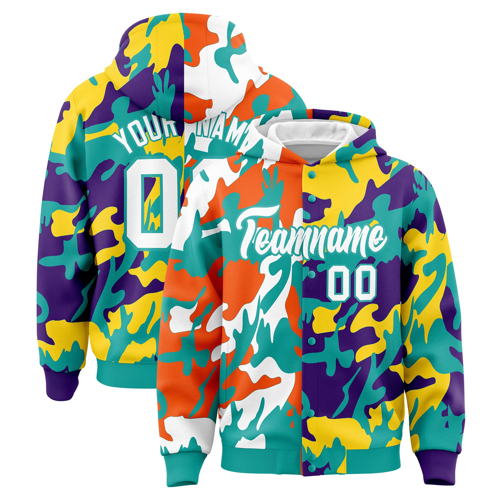 Custom Aqua Purple Full-Snap Varsity Two Tone Personalized Letterman Camo Jacket Hoodie| KXKSHOP