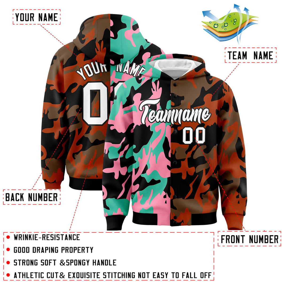 Custom Black Texas Orange Full-Snap Varsity Two Tone Personalized Letterman Camo Jacket Hoodie| KXKSHOP