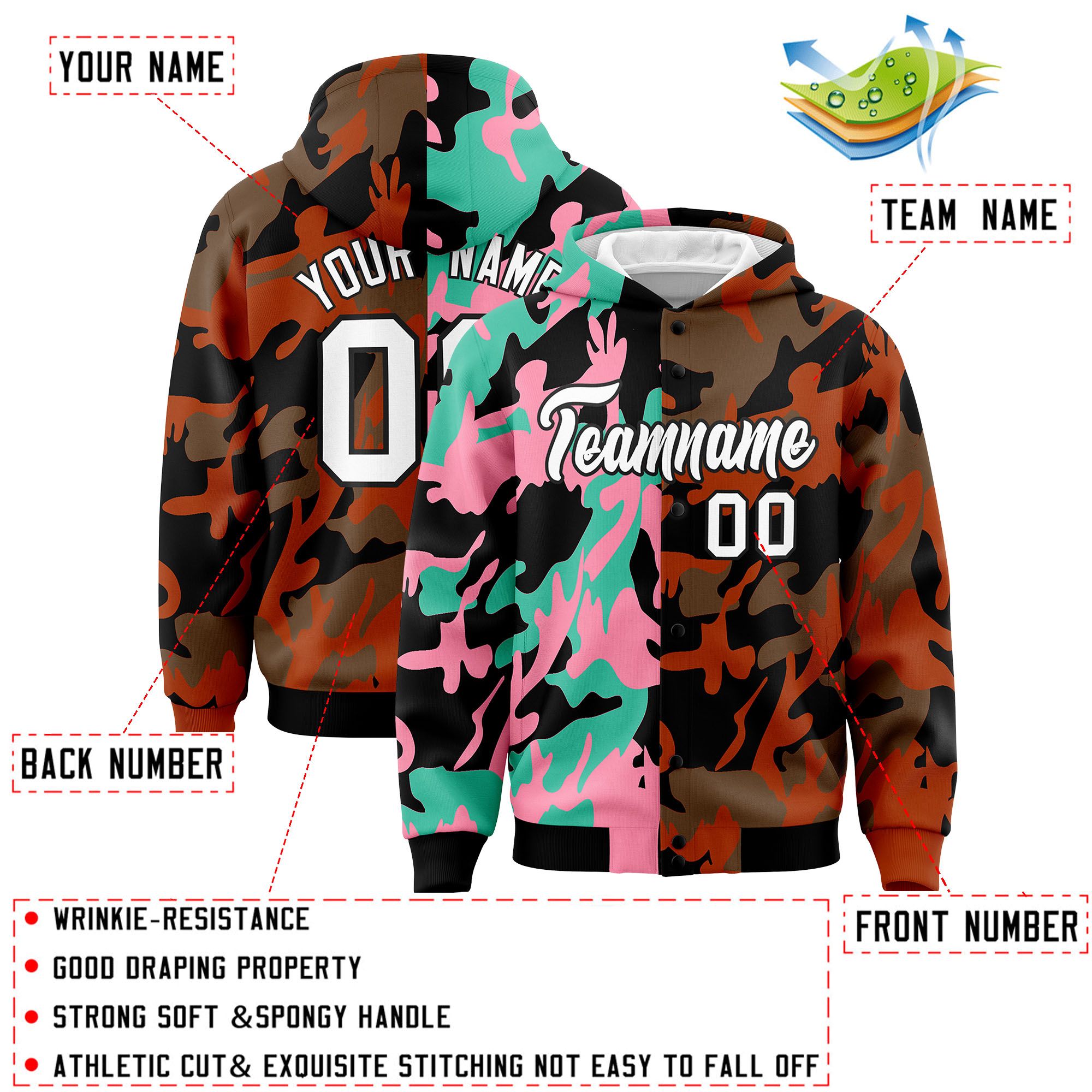 Custom Black Texas Orange Full-Snap Varsity Two Tone Personalized Letterman Camo Jacket Hoodie| KXKSHOP