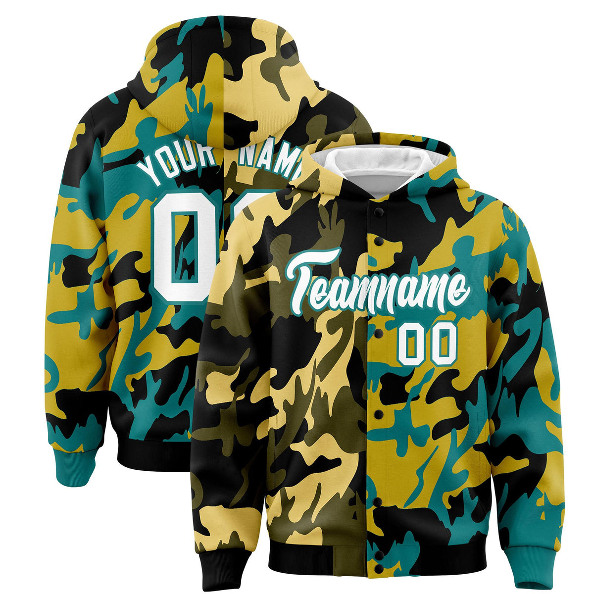 Custom Black Aqua Full-Snap Varsity Two Tone Personalized Letterman Camo Jacket Hoodie| KXKSHOP