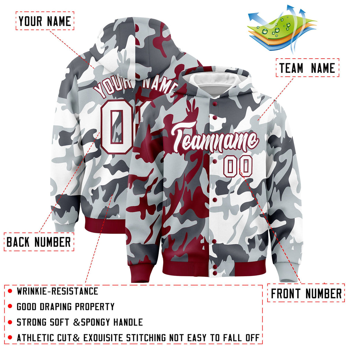 Custom Crimson Silver Full-Snap Varsity Two Tone Personalized Letterman Camo Jacket Hoodie| KXKSHOP