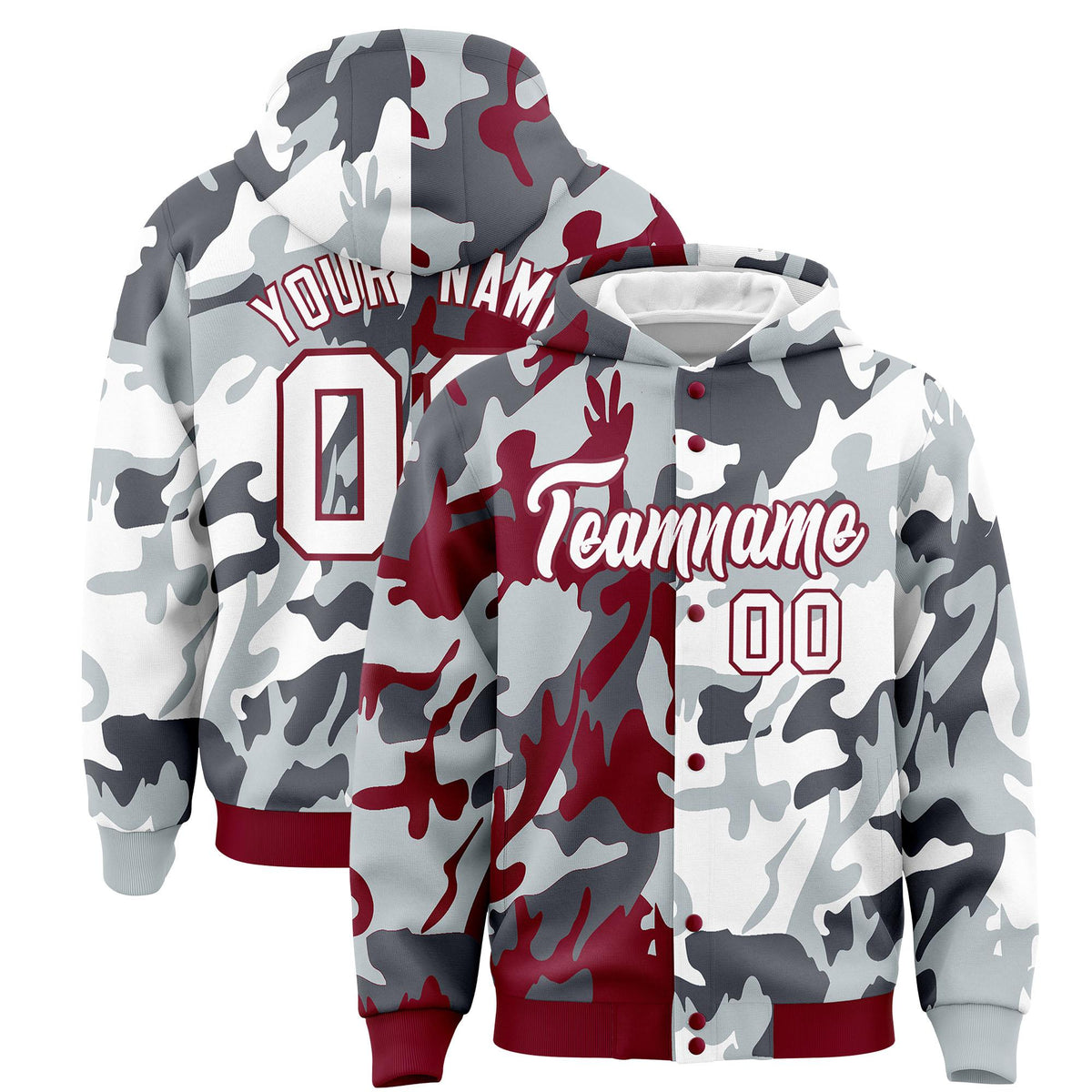 Custom Crimson Silver Full-Snap Varsity Two Tone Personalized Letterman Camo Jacket Hoodie| KXKSHOP