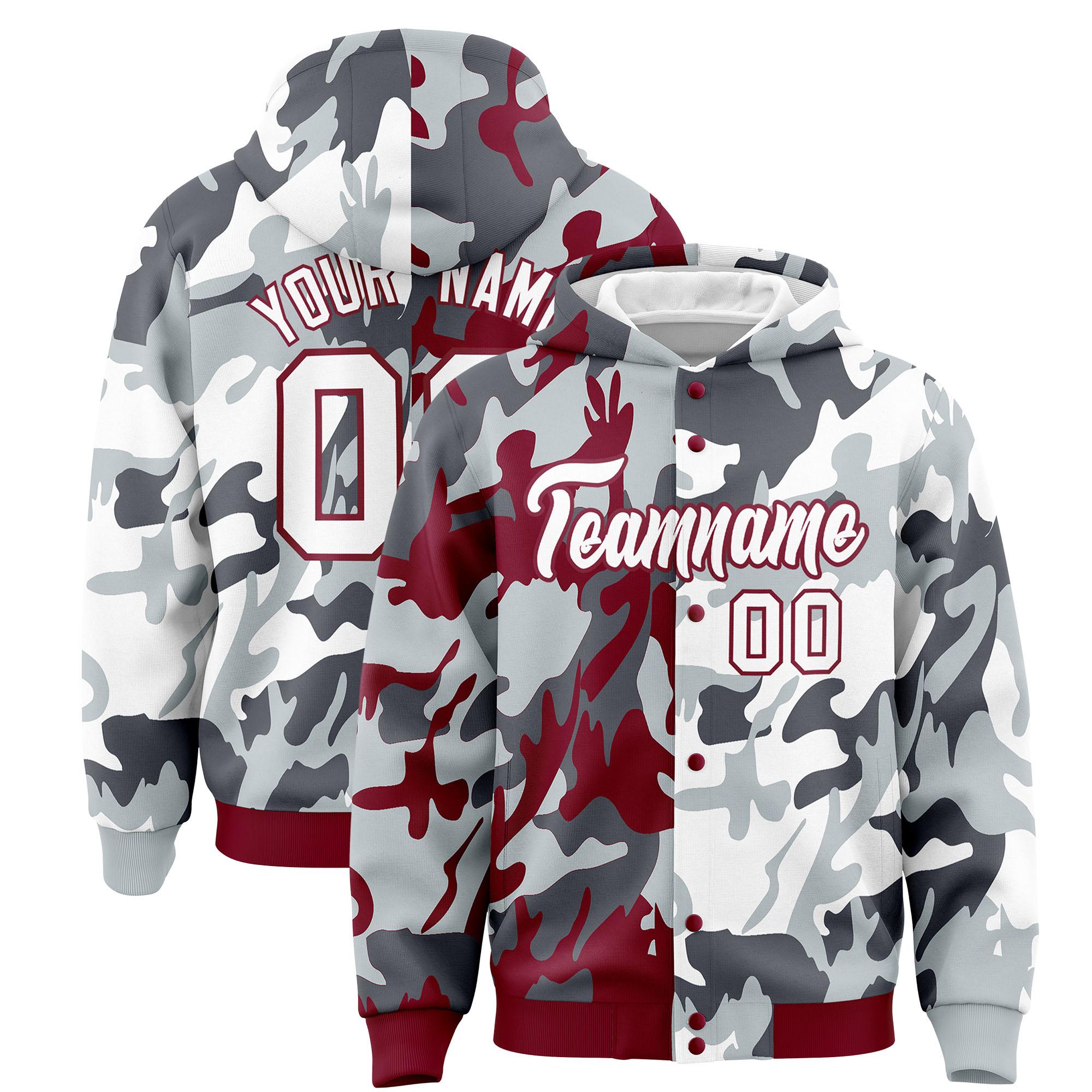 Custom Crimson Silver Full-Snap Varsity Two Tone Personalized Letterman Camo Jacket Hoodie| KXKSHOP