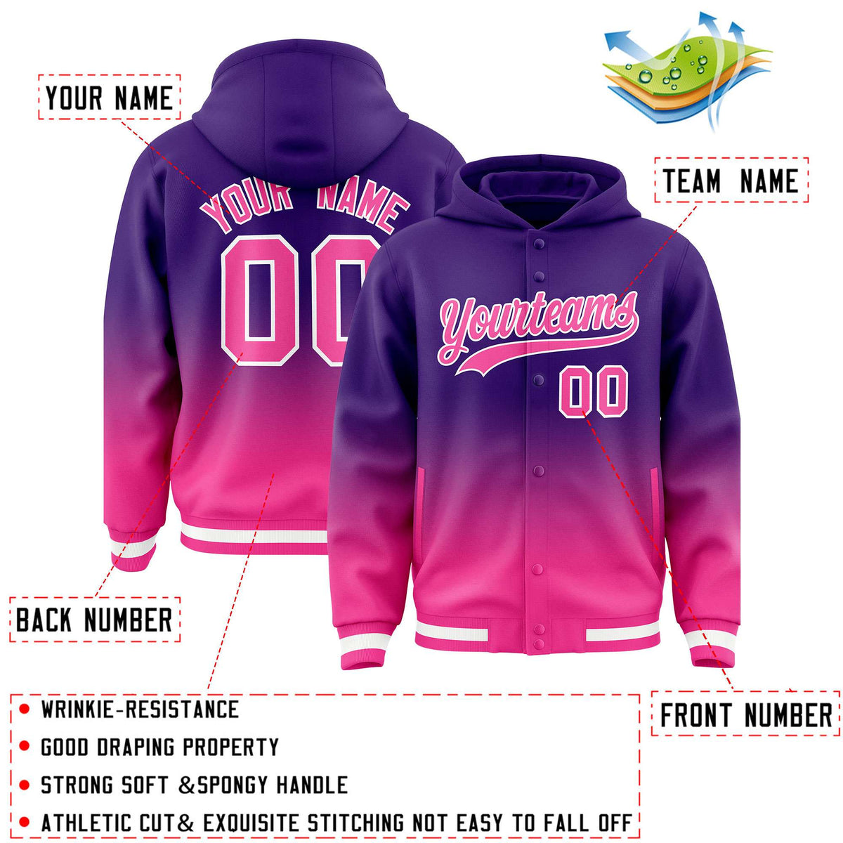Custom Purple Pink Varsity Full-Snap Letterman Gradient Hoodie Jacket