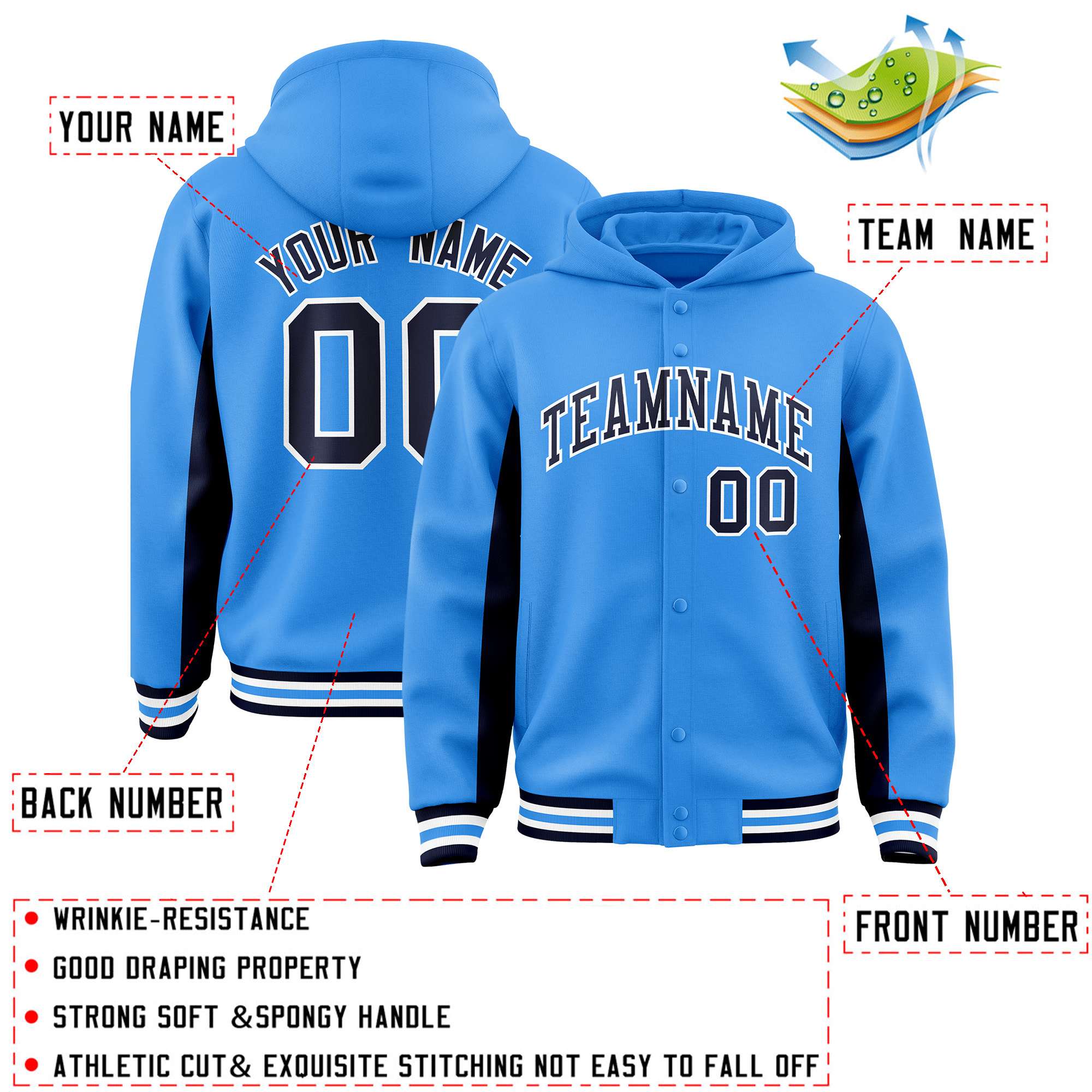 Custom Powder Blue Navy Color Block Varsity Full-Snap Letterman Jacket Hoodie| KXKSHOP