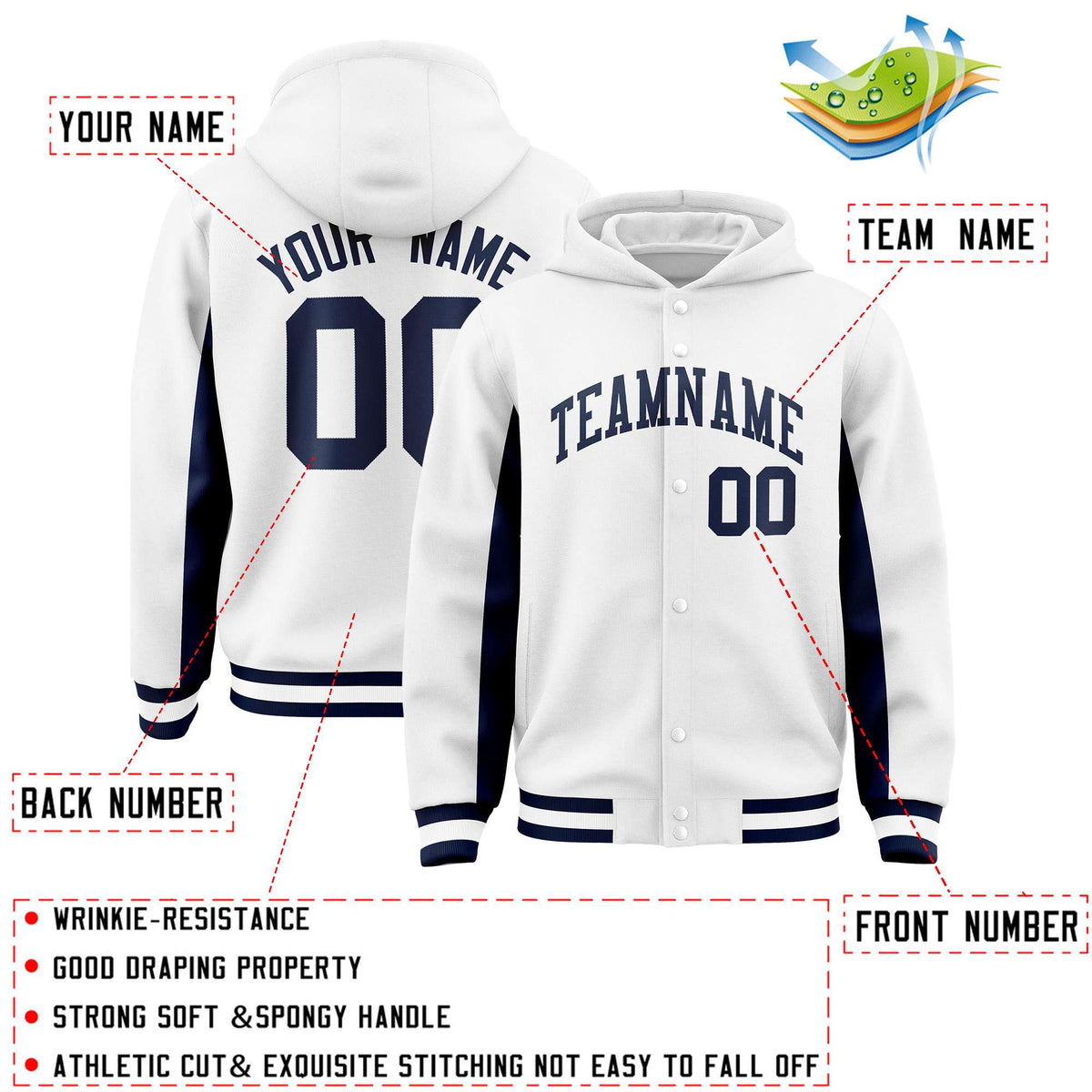 Custom White Navy Color Block Varsity Full-Snap Letterman Jacket Hoodie| KXKSHOP