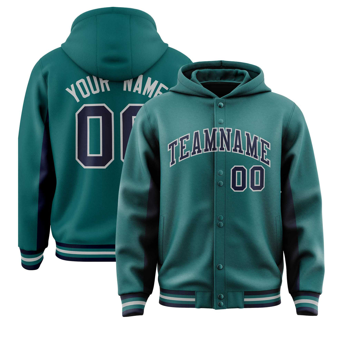 Custom Aqua Navy Color Block Varsity Full-Snap Letterman Jacket Hoodie| KXKSHOP