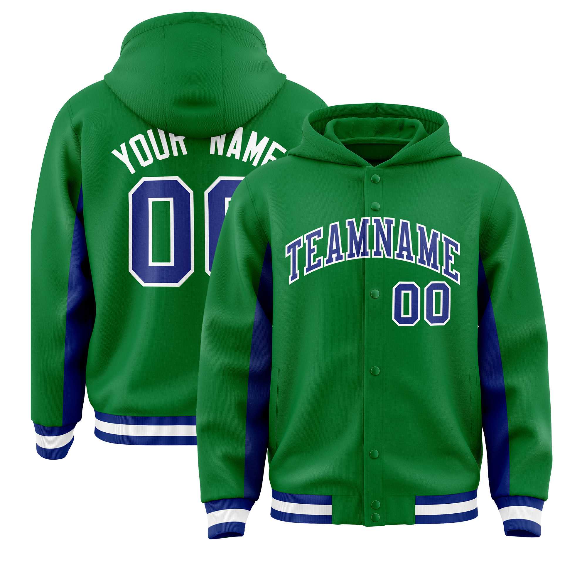 Custom Kelly Green Royal Color Block Varsity Full-Snap Letterman Jacket Hoodie| KXKSHOP