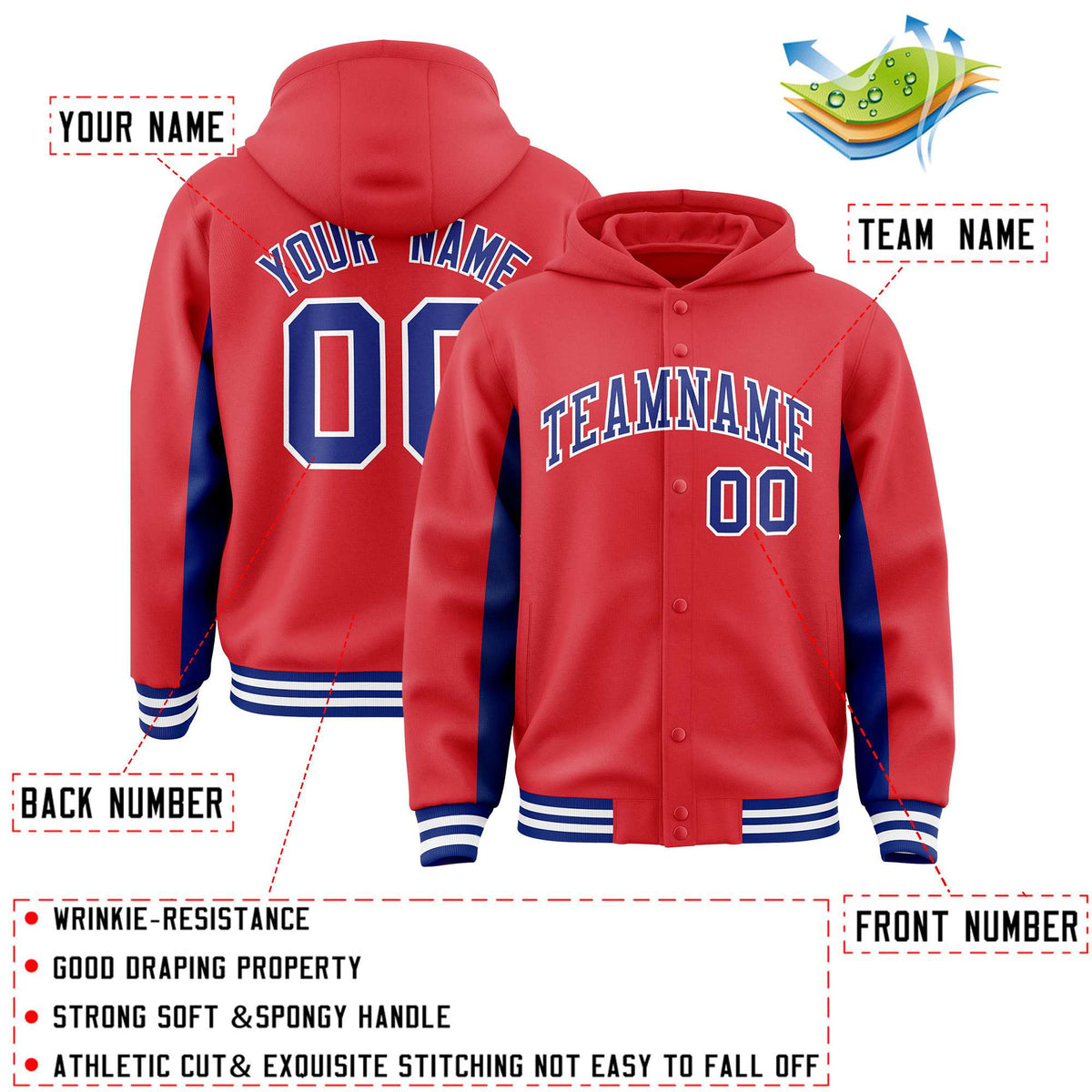Custom Light Red Royal Color Block Varsity Full-Snap Letterman Jacket Hoodie| KXKSHOP