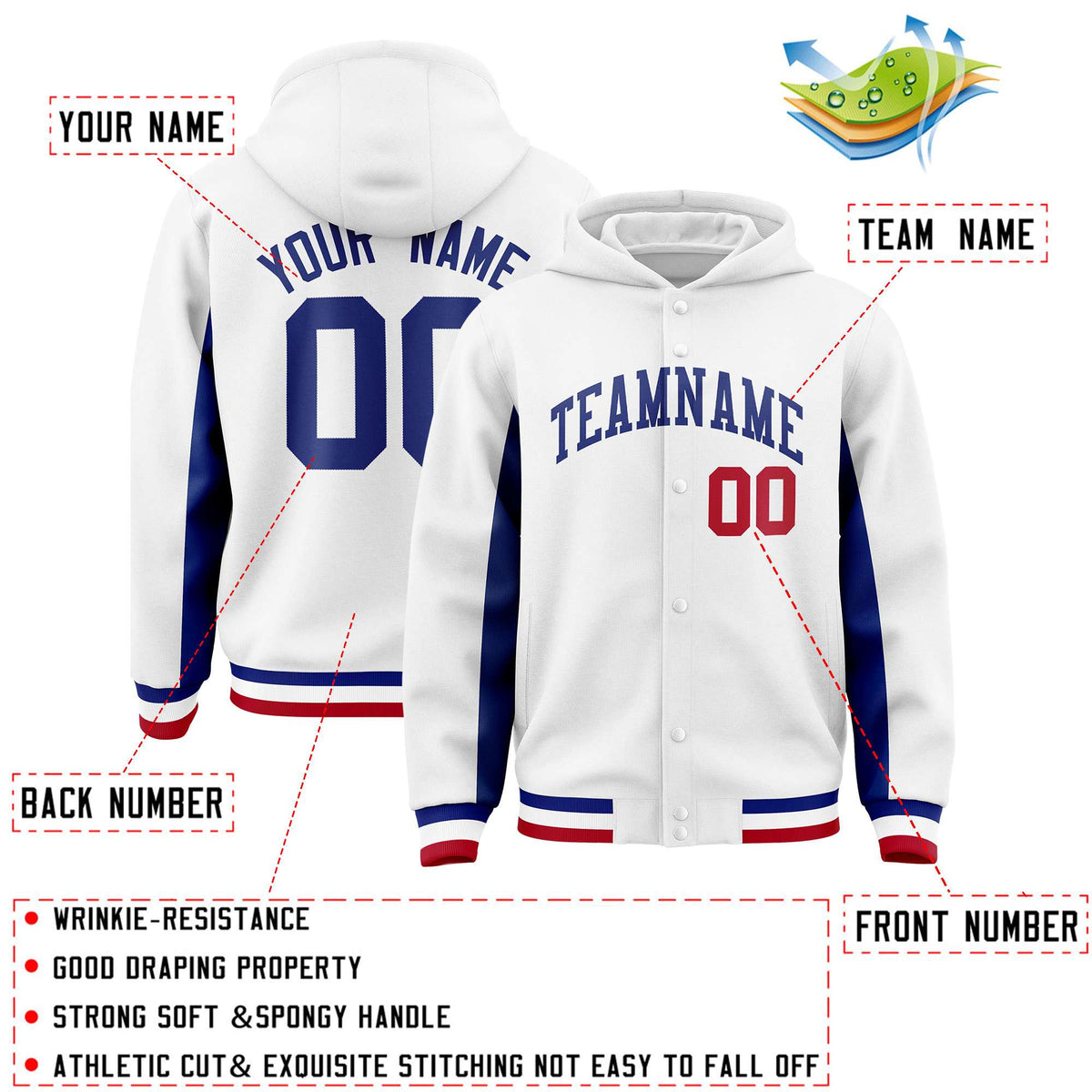 Custom White Royal Color Block Varsity Full-Snap Letterman Jacket Hoodie| KXKSHOP