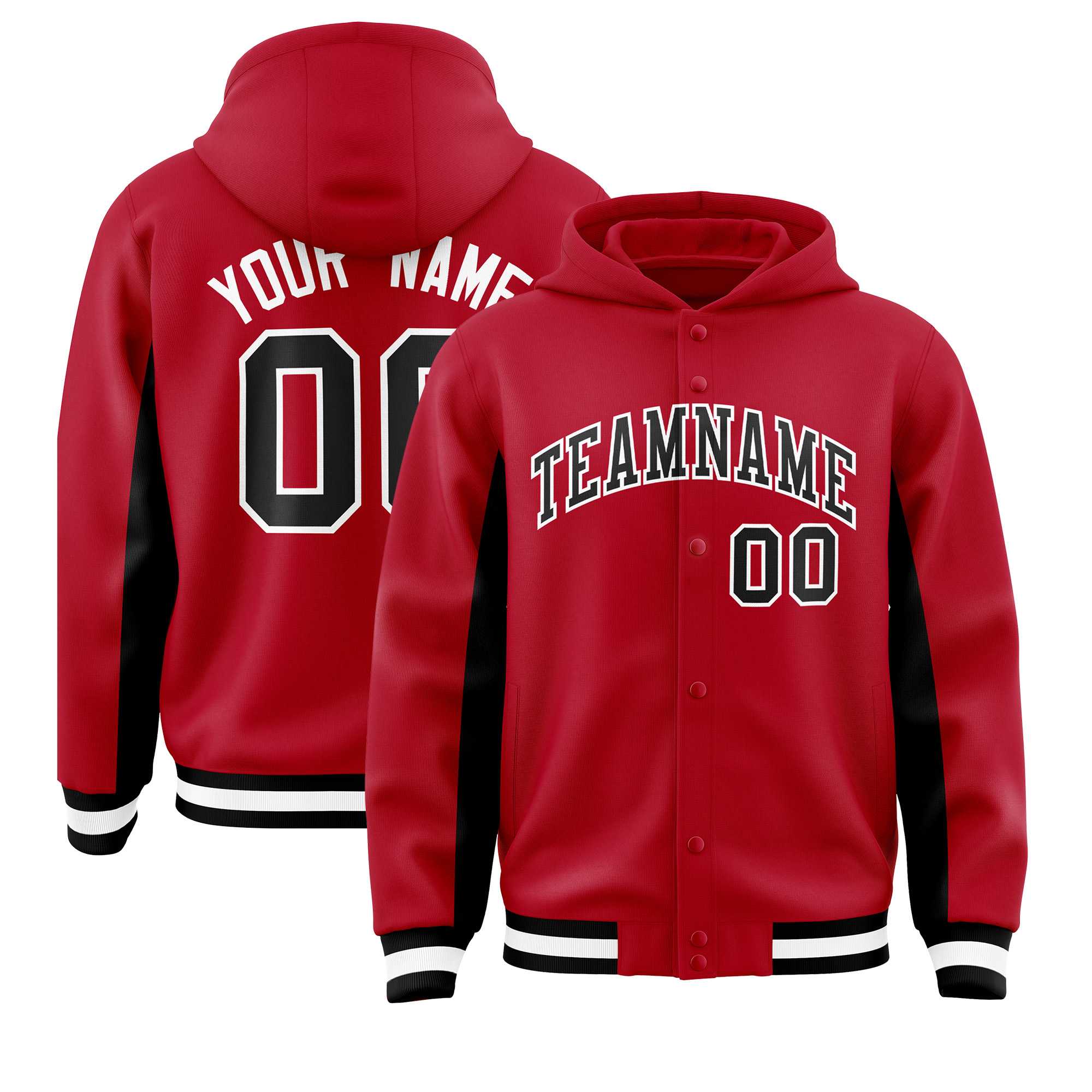 Custom Red Black Color Block Varsity Full-Snap Letterman Jacket Hoodie| KXKSHOP