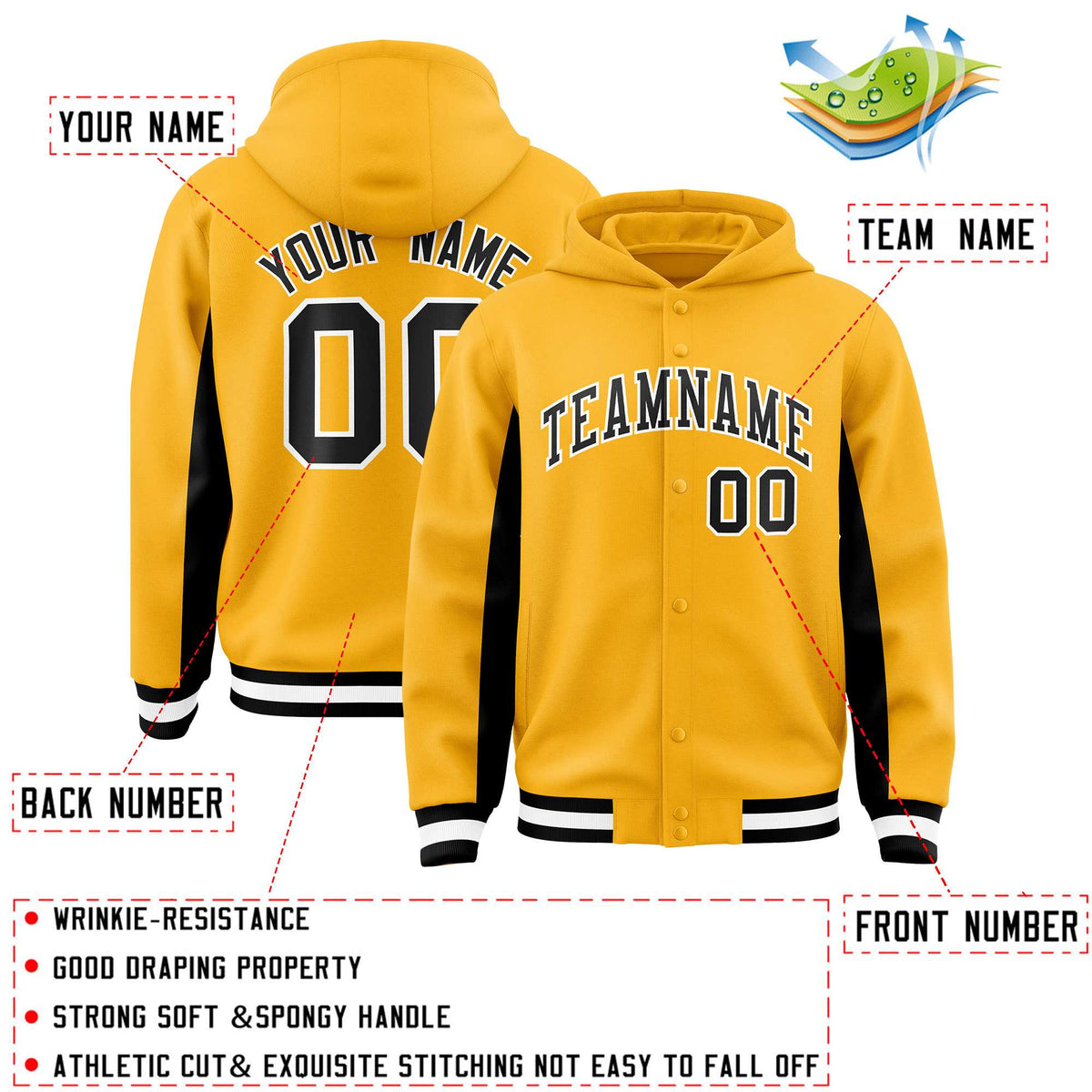 Custom Gold Black Color Block Varsity Full-Snap Letterman Jacket Hoodie| KXKSHOP