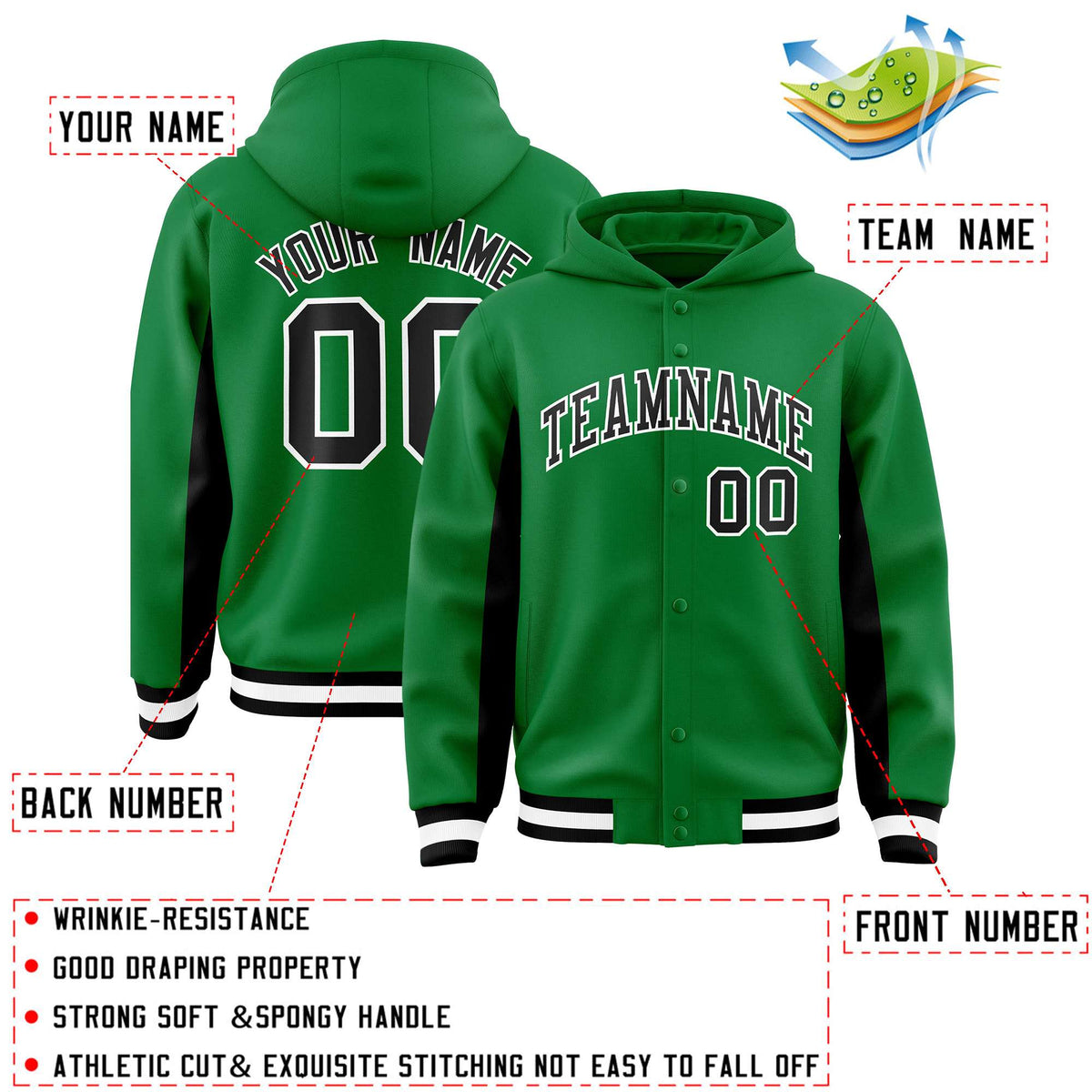 Custom Kelly Green Black Color Block Varsity Full-Snap Letterman Jacket Hoodie| KXKSHOP