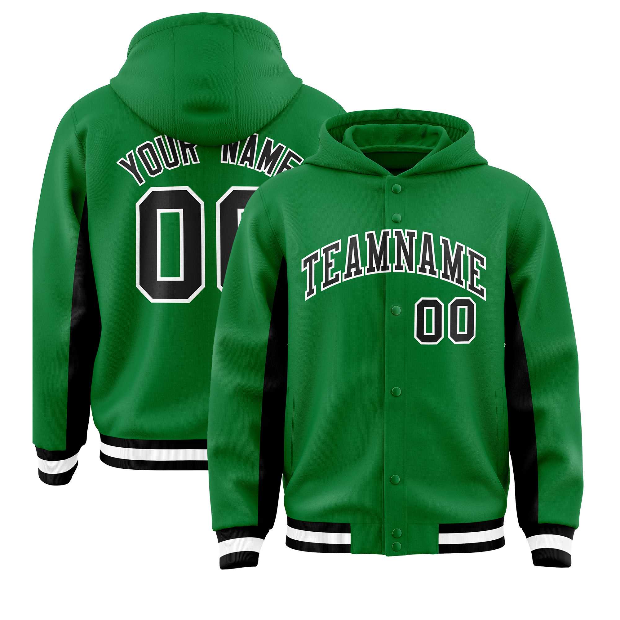 Custom Kelly Green Black Color Block Varsity Full-Snap Letterman Jacket Hoodie| KXKSHOP