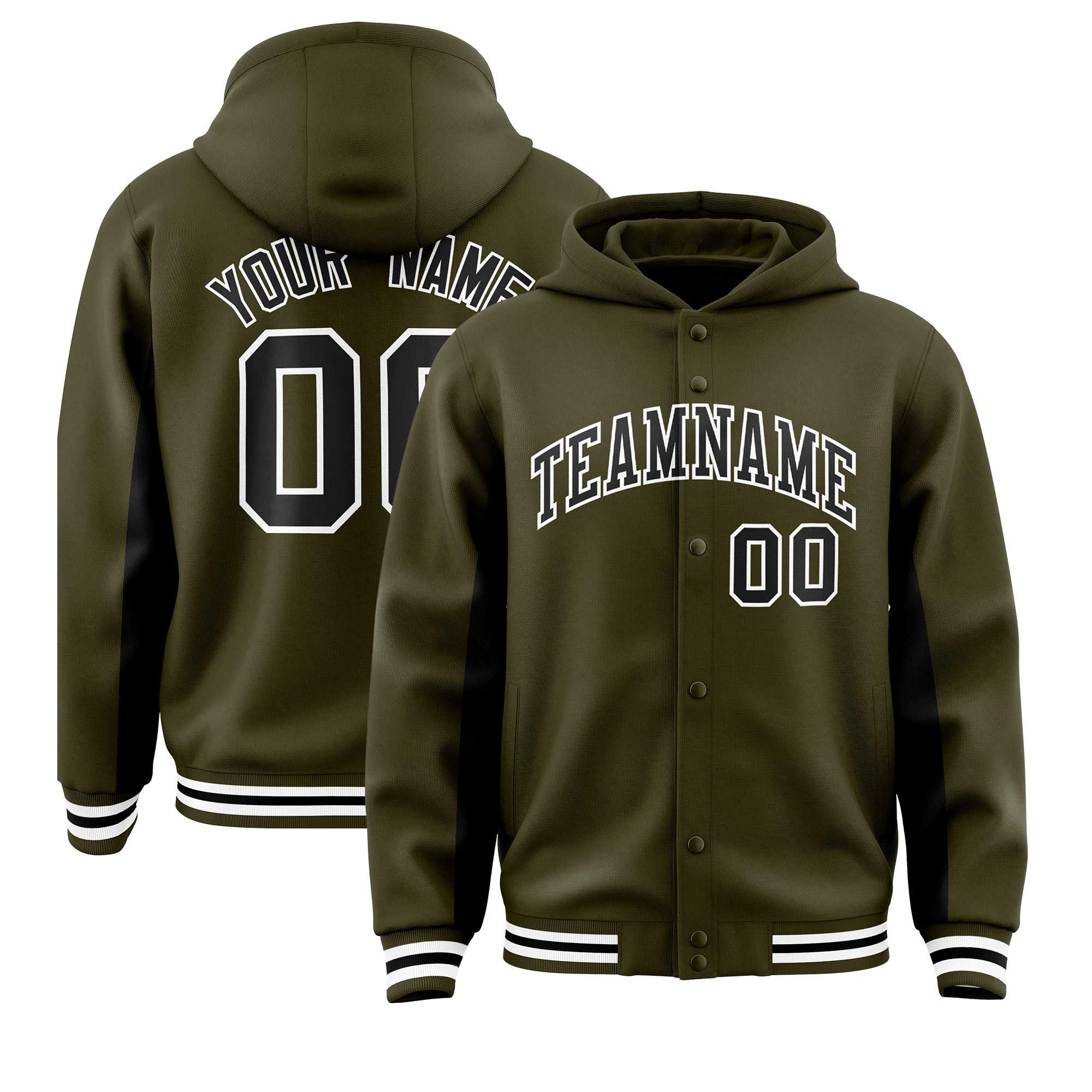 Custom Olive Black Color Block Varsity Full-Snap Letterman Jacket Hoodie| KXKSHOP