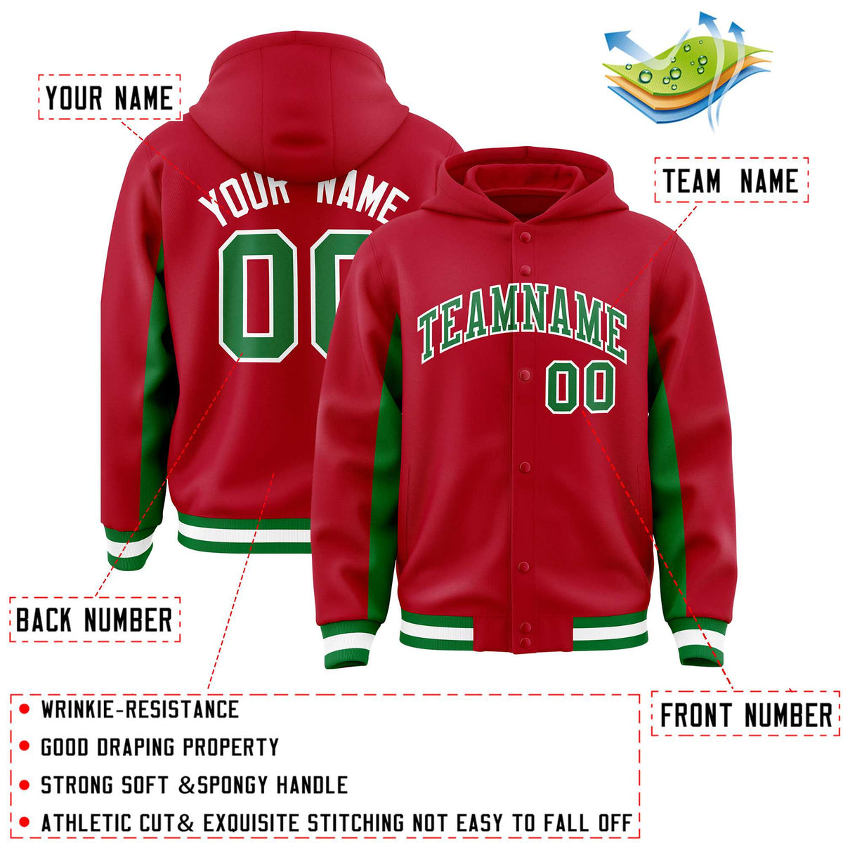 Custom Red Kelly Green Color Block Varsity Full-Snap Letterman Jacket Hoodie| KXKSHOP