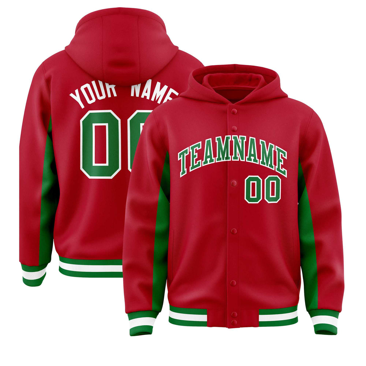 Custom Red Kelly Green Color Block Varsity Full-Snap Letterman Jacket Hoodie| KXKSHOP