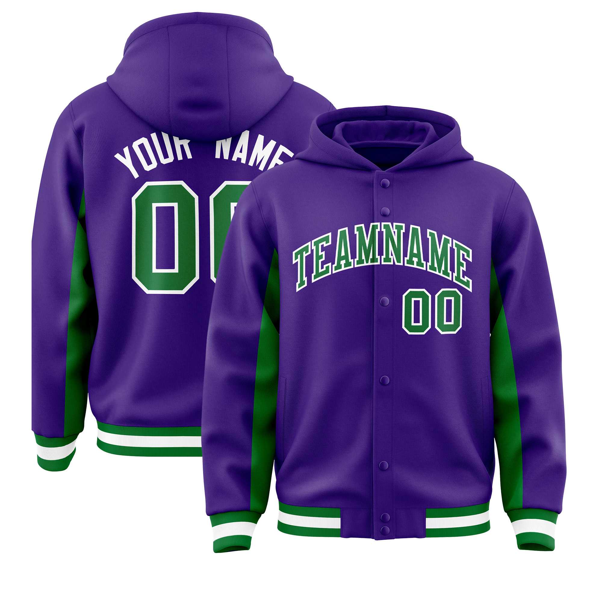 Custom Purple Kelly Green Color Block Varsity Full-Snap Letterman Jacket Hoodie| KXKSHOP