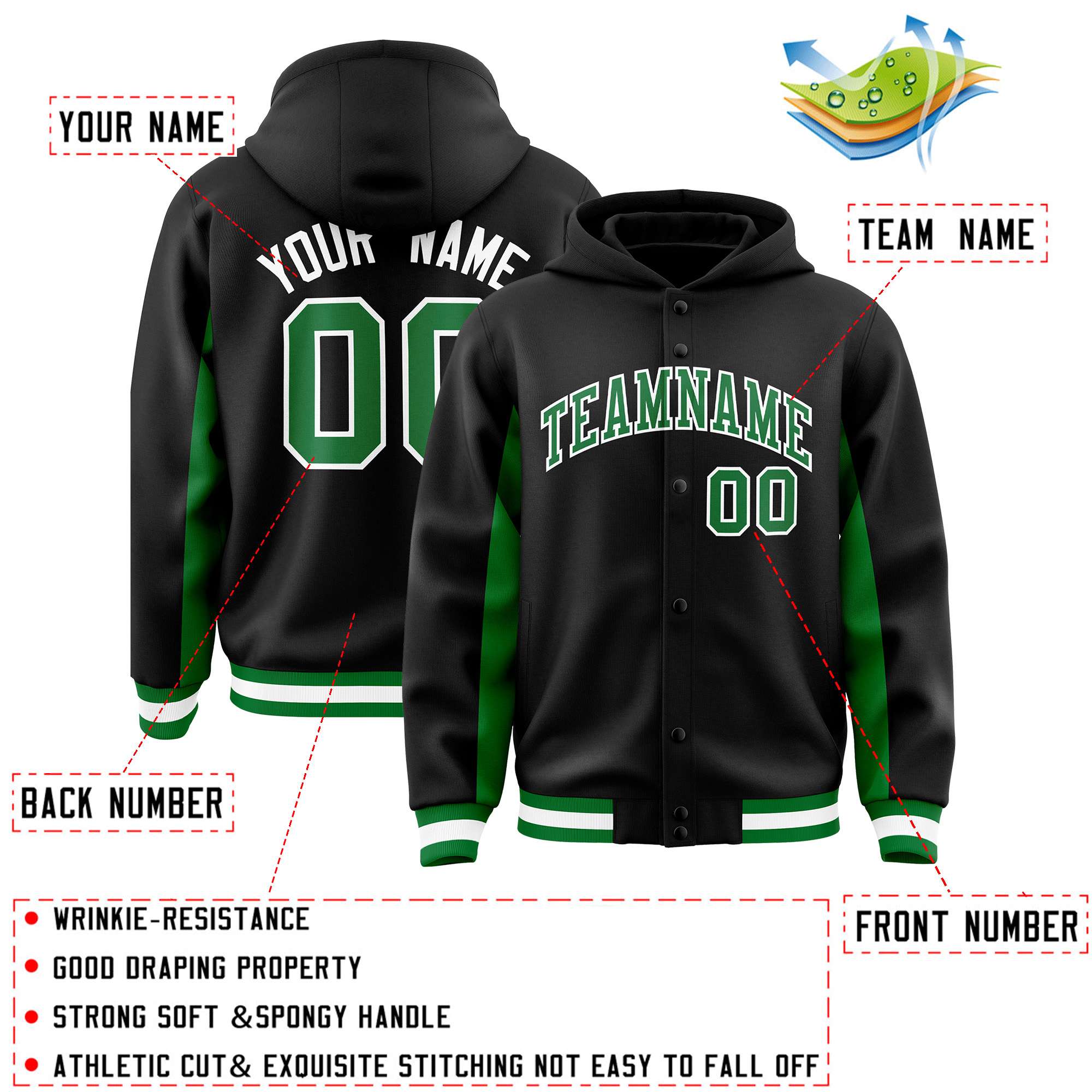 Custom Black Kelly Green Color Block Varsity Full-Snap Letterman Jacket Hoodie| KXKSHOP