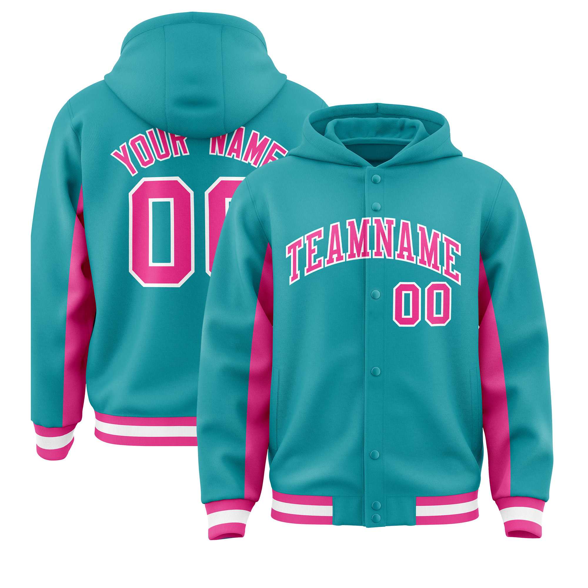 Custom Aqua Pink Color Block Varsity Full-Snap Letterman Jacket Hoodie| KXKSHOP