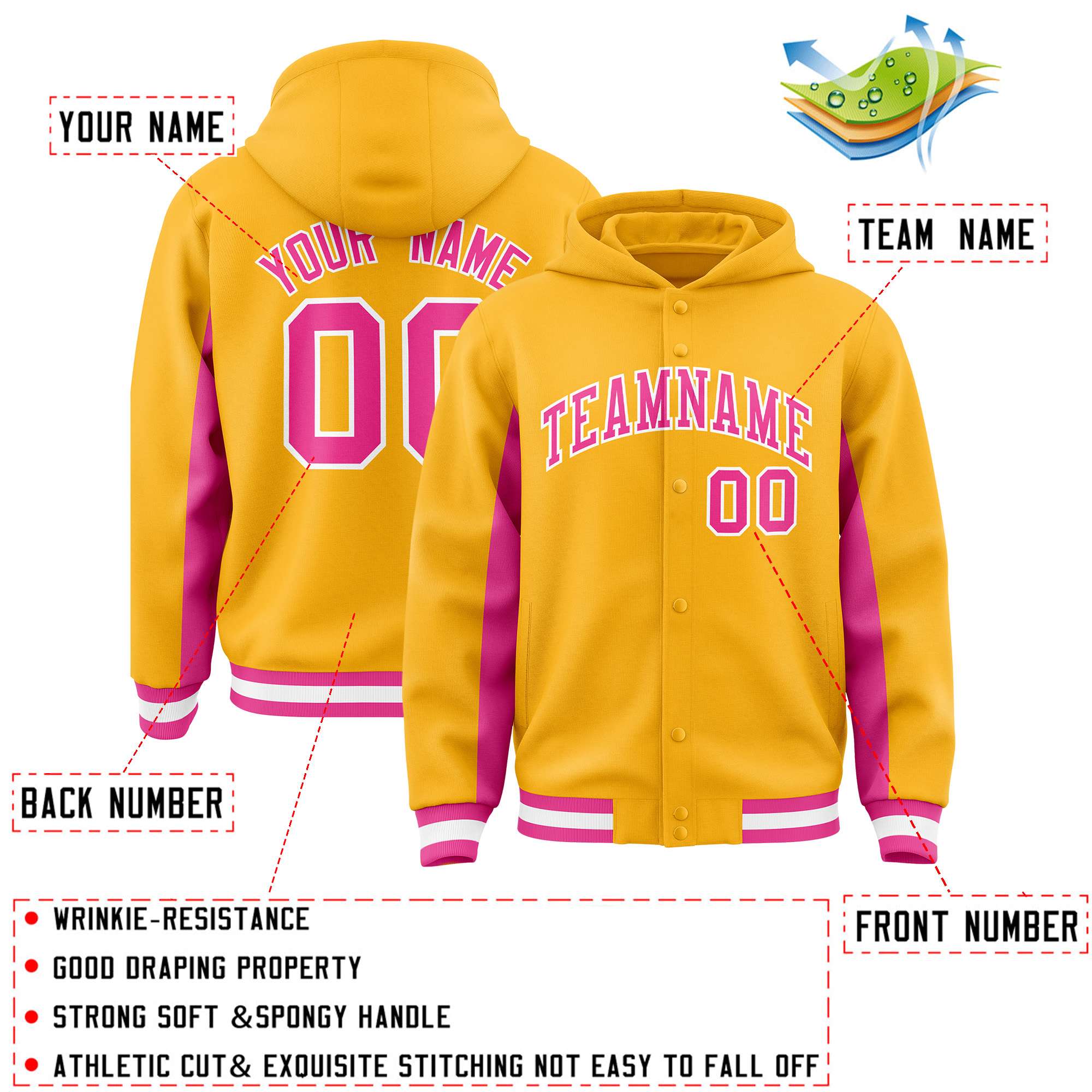 Custom Gold Pink Color Block Varsity Full-Snap Letterman Jacket Hoodie| KXKSHOP