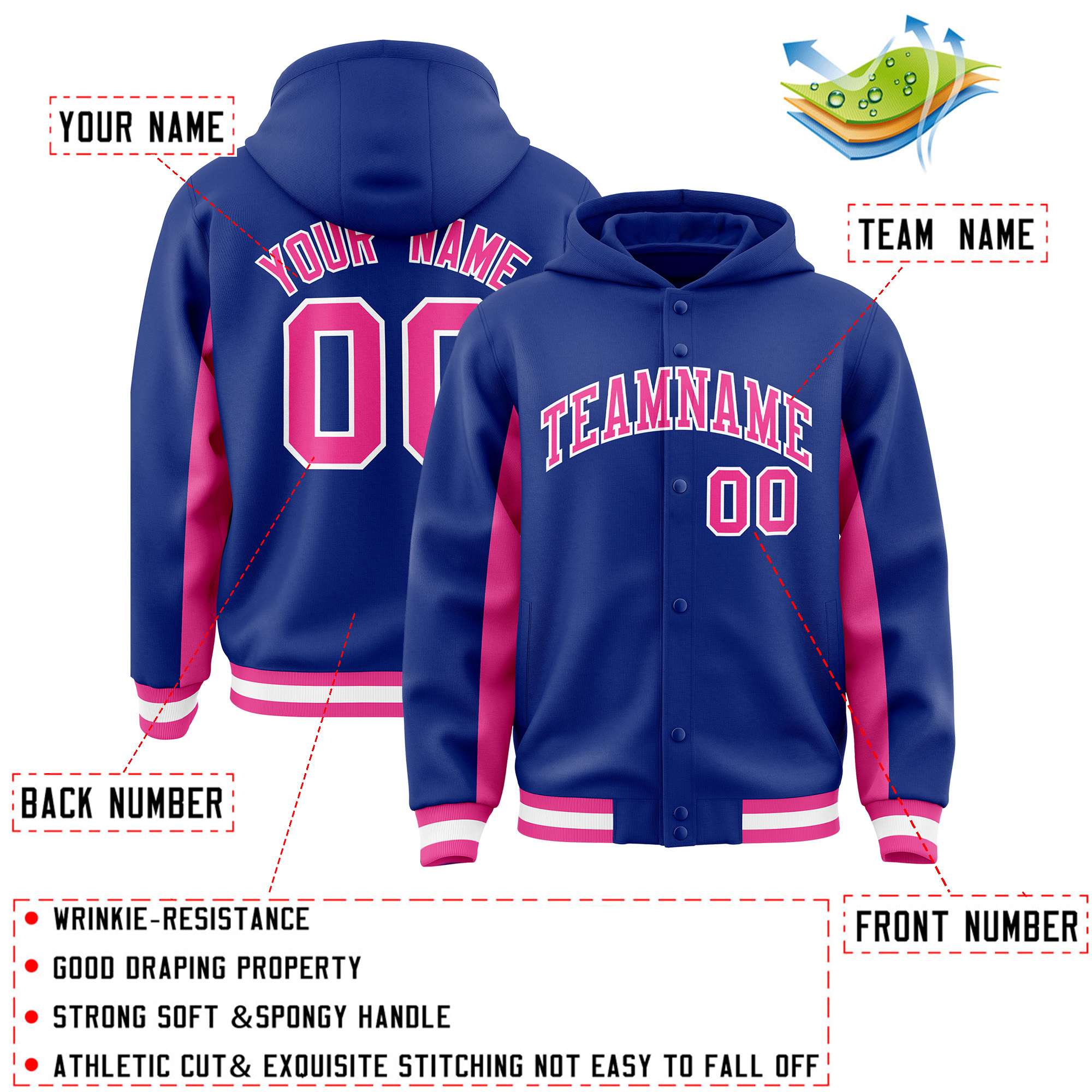 Custom Royal Pink Color Block Varsity Full-Snap Letterman Jacket Hoodie| KXKSHOP
