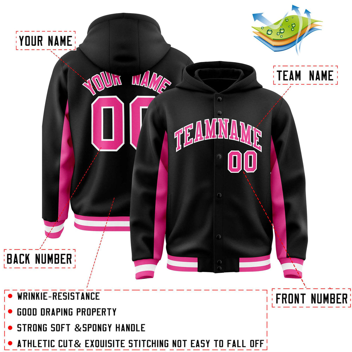 Custom Black Pink Color Block Varsity Full-Snap Letterman Jacket Hoodie| KXKSHOP