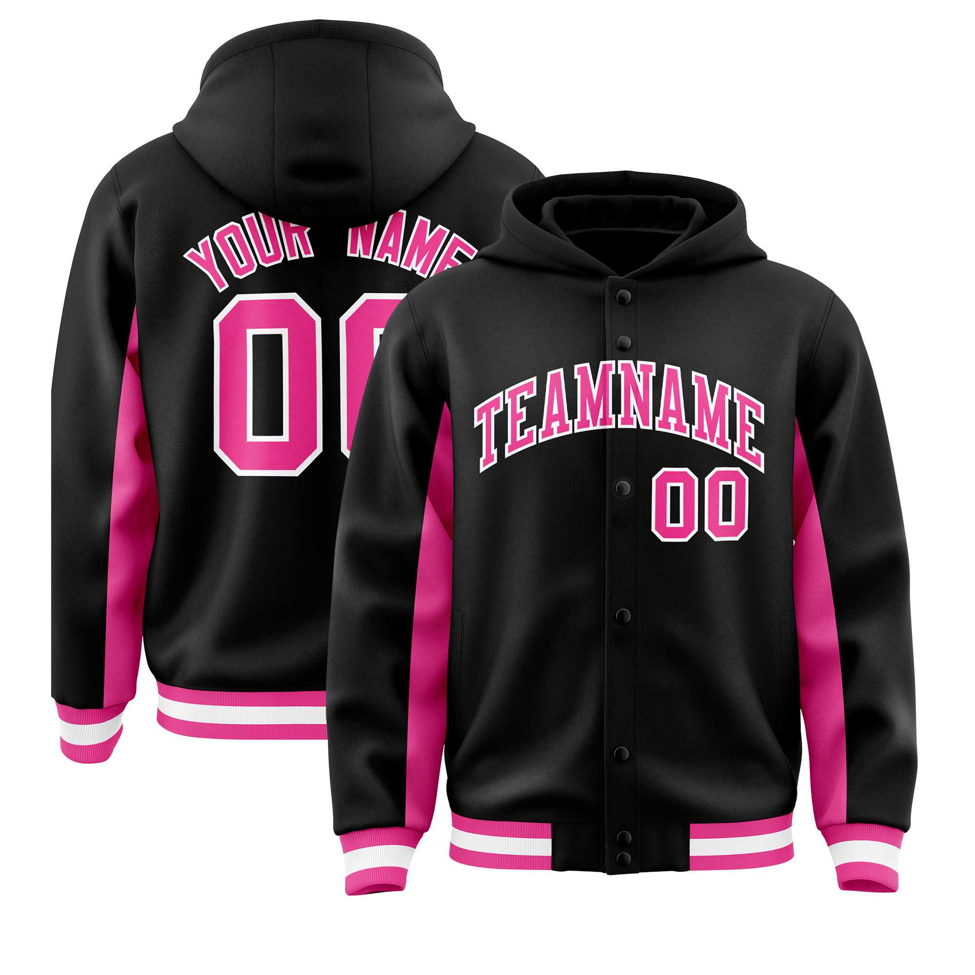 Custom Black Pink Color Block Varsity Full-Snap Letterman Jacket Hoodie| KXKSHOP