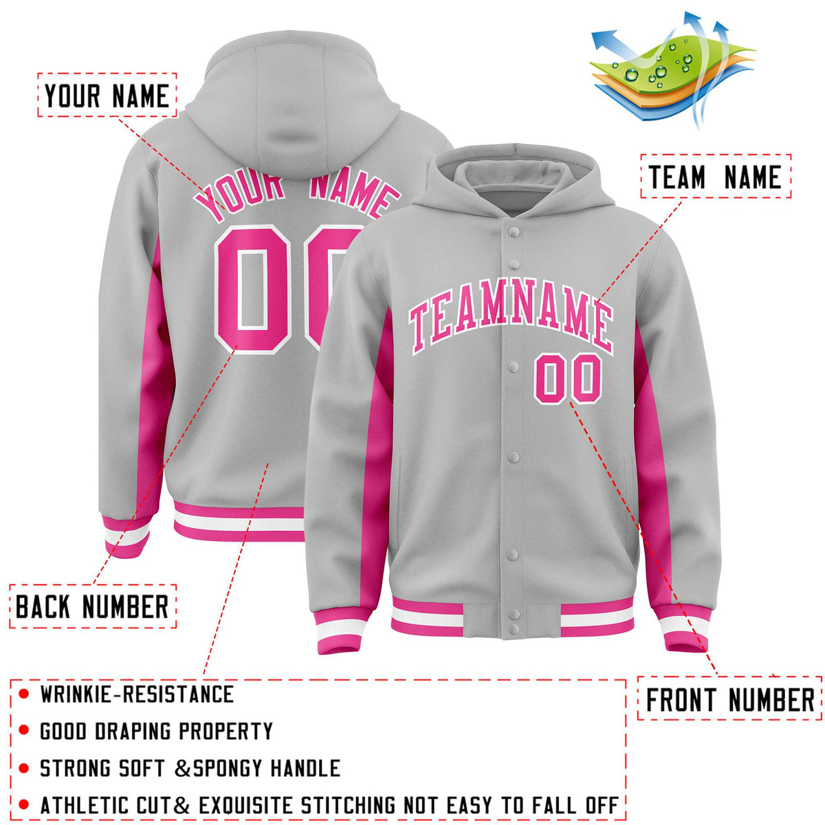 Custom Gray Pink Color Block Varsity Full-Snap Letterman Jacket Hoodie| KXKSHOP