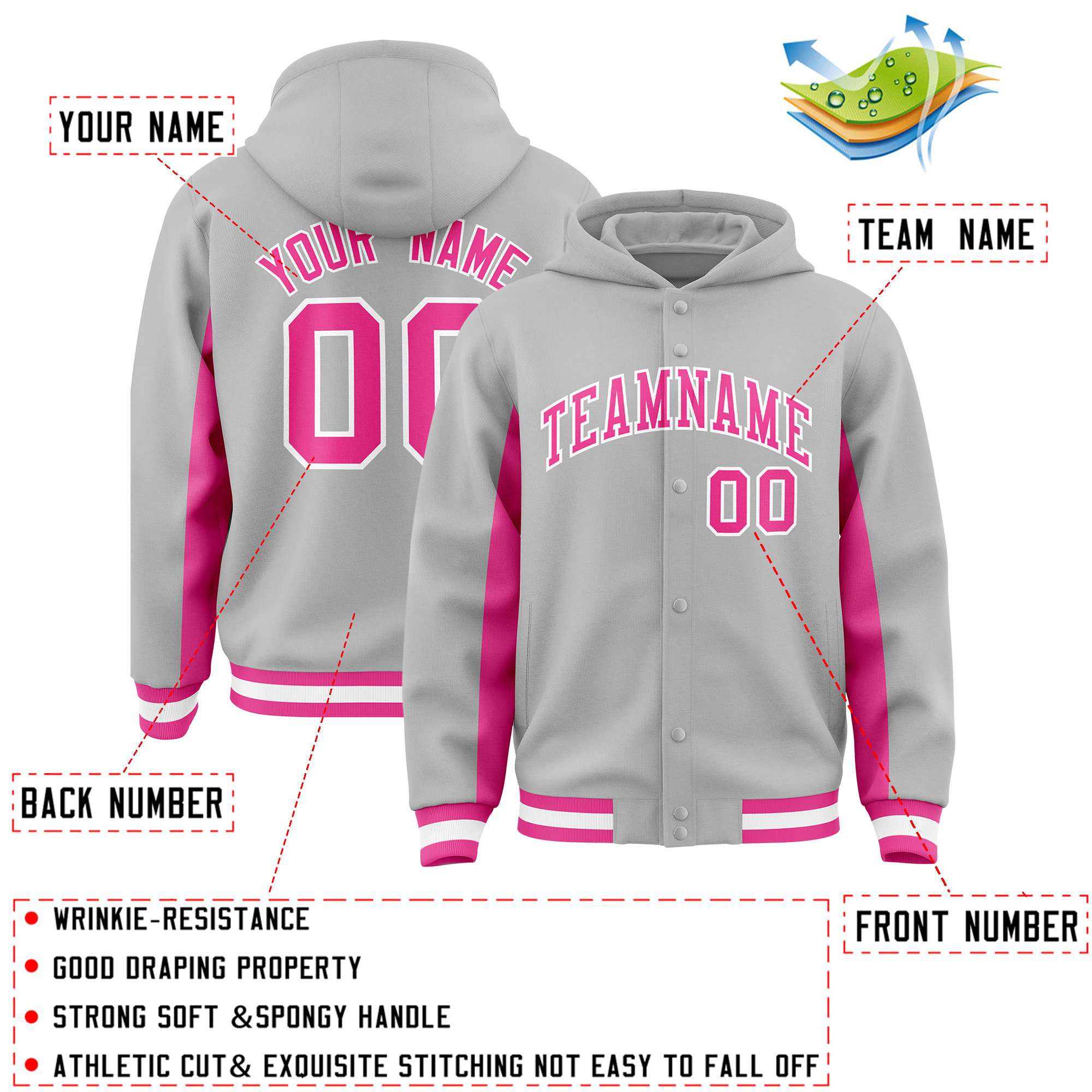Custom Gray Pink Color Block Varsity Full-Snap Letterman Jacket Hoodie| KXKSHOP