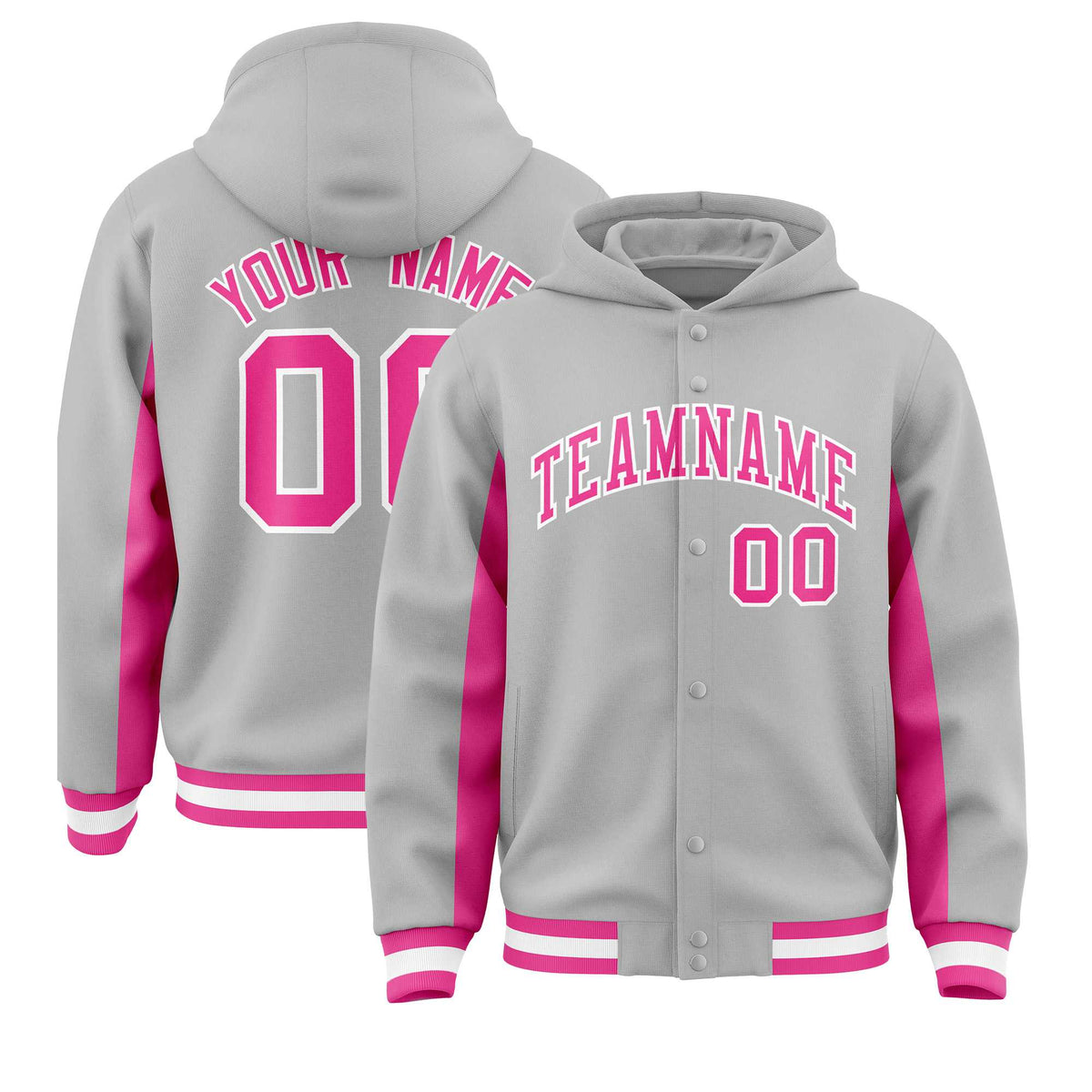 Custom Gray Pink Color Block Varsity Full-Snap Letterman Jacket Hoodie| KXKSHOP