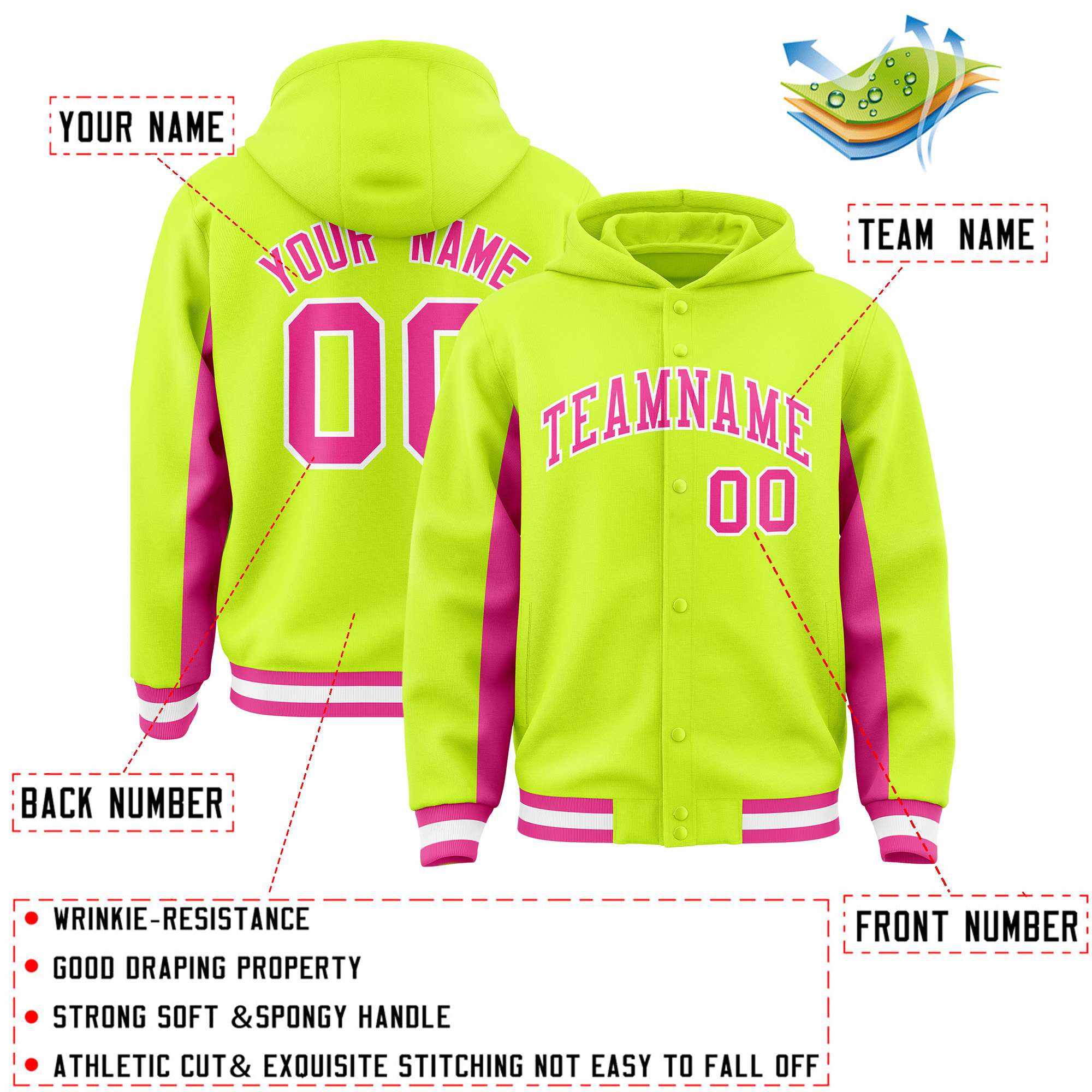 Custom Neon Green Pink Color Block Varsity Full-Snap Letterman Jacket Hoodie| KXKSHOP