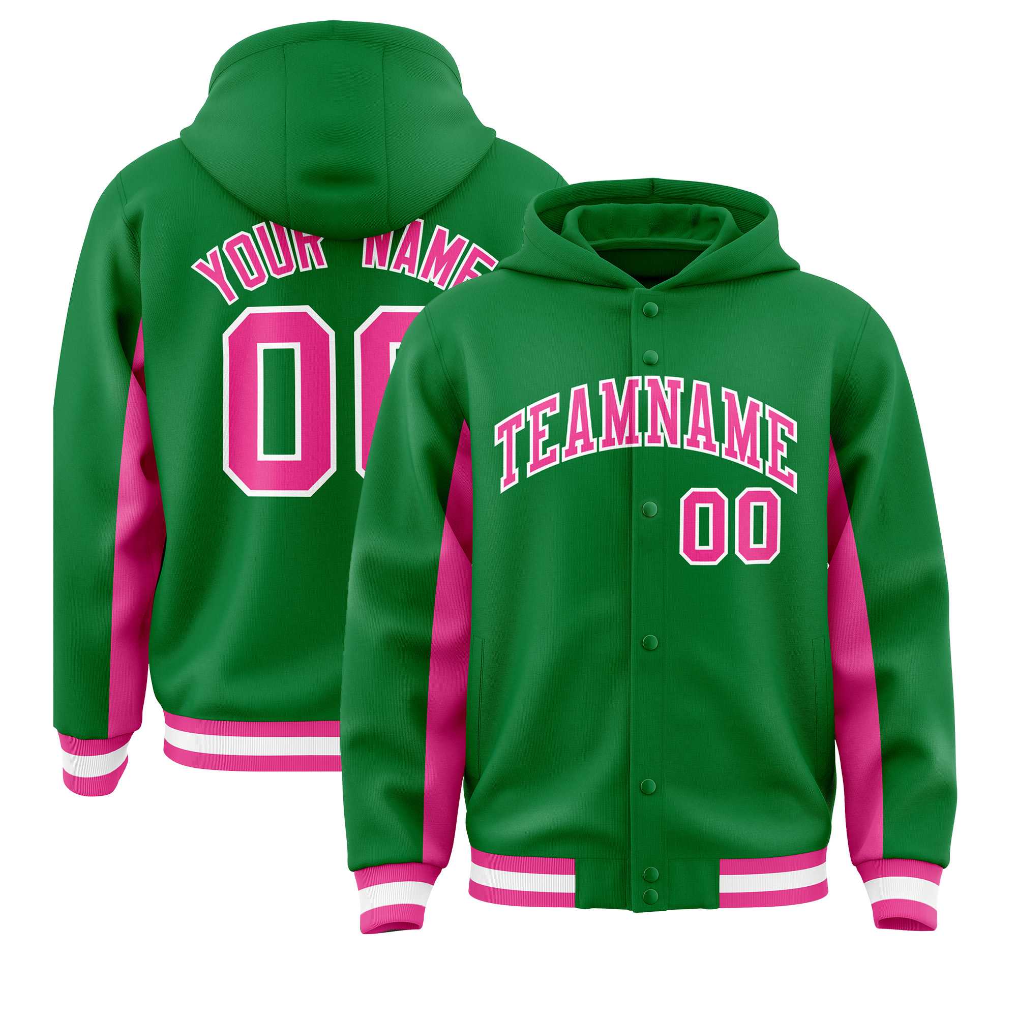 Custom Kelly Green Pink Color Block Varsity Full-Snap Letterman Jacket Hoodie| KXKSHOP