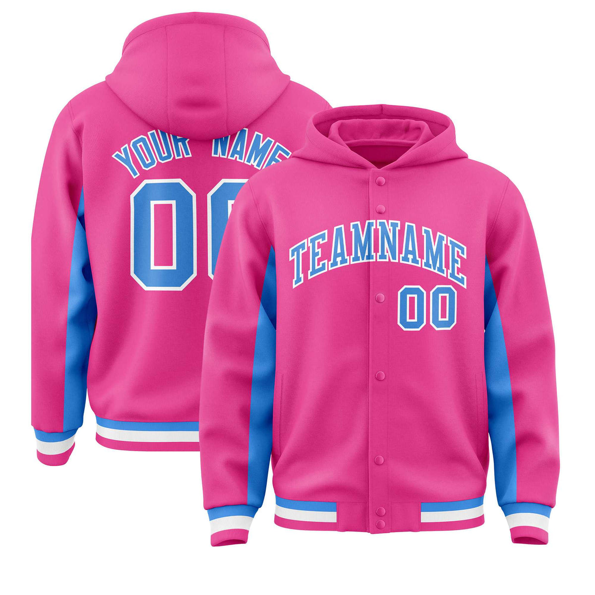 Custom Pink Powder Blue Color Block Varsity Full-Snap Letterman Jacket Hoodie| KXKSHOP