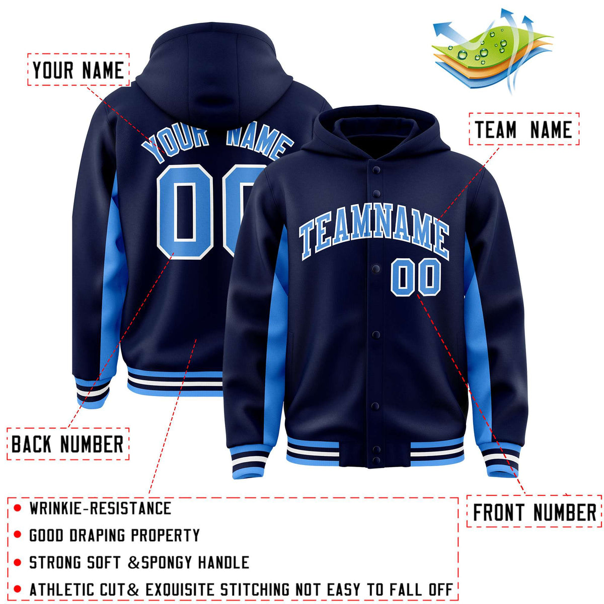 Custom Navy Powder Blue Color Block Varsity Full-Snap Letterman Jacket Hoodie| KXKSHOP